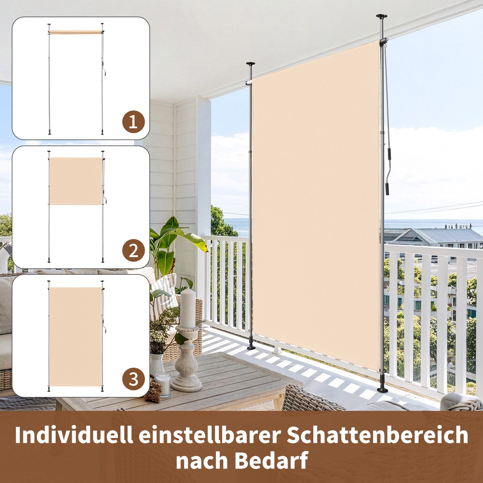 LALAHO Senkrechtmarkise Klemmmarkise Außen Balkon Sonnenschutz Klemm-Markisen Sichtschutzrollo Terrasse Garten Wetterfest mit Handkurbel – Bild 5 von 5