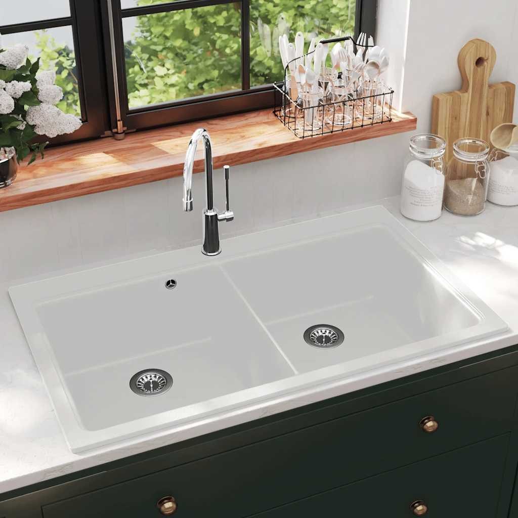 vidaXL Granitspüle Granitspüle Doppelbecken Weiß, 51/86 cm