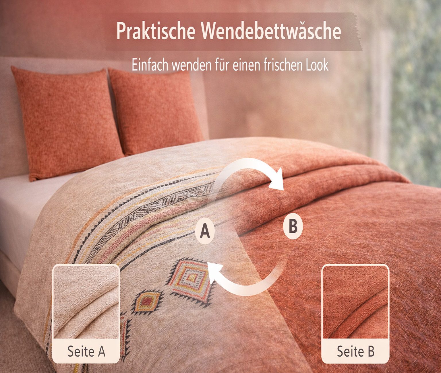 Leonado Vicenti Bettwäsche Baumwolle 135x200, 155x200, 155x220, 200x200, 200x220, 240x220, Renforcé, 2 teilig, Wendebettwäsche Ethno Muster Beige Terrakotta mit Reißverschluss