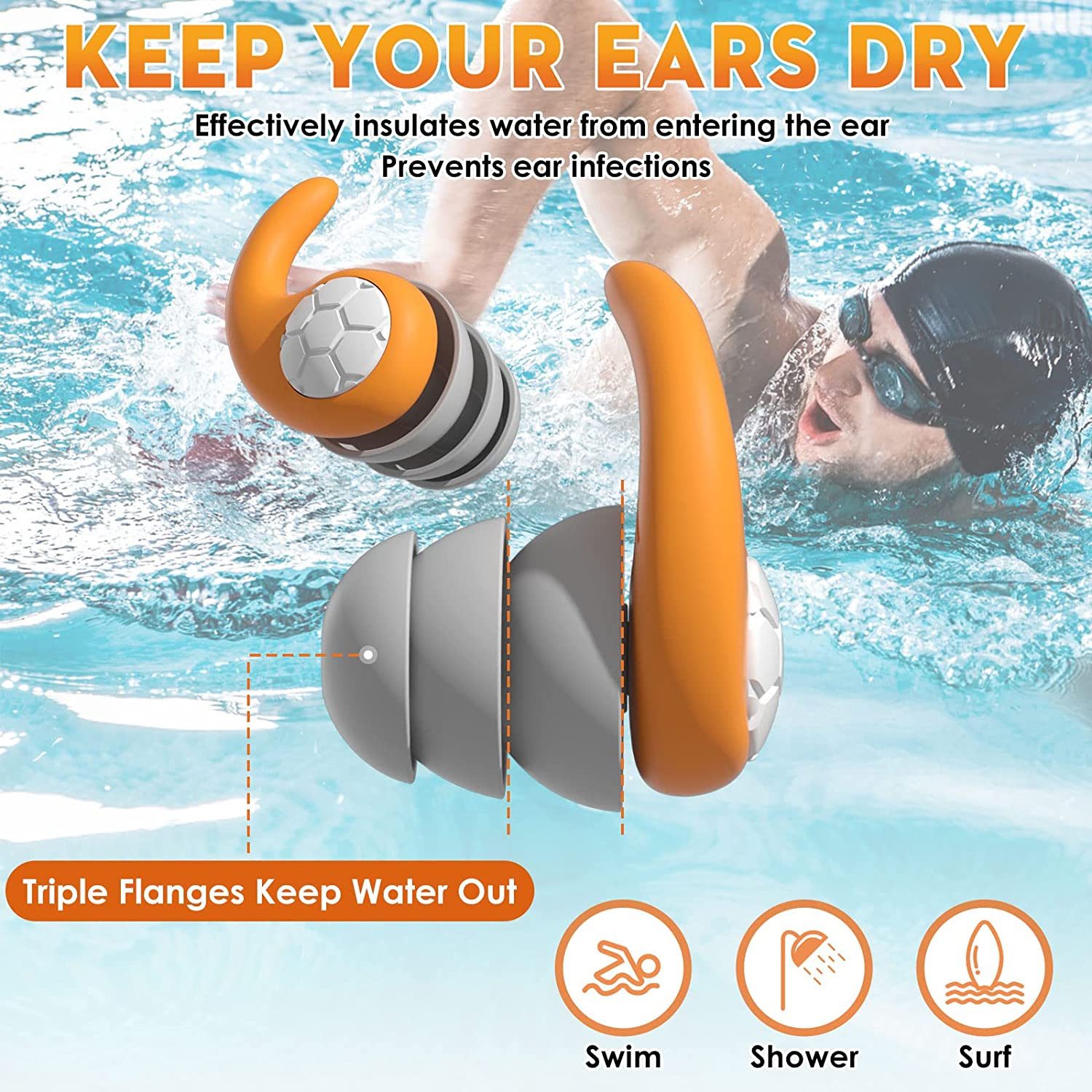 TUWENA Schwimm-Ohrstöpsel 3 Paar Schwimmen Erwachsene Wasserdichte Silikon Ohrenschutz, für Schwimmen Surfen Duschen Schlafen und Wassersportarten