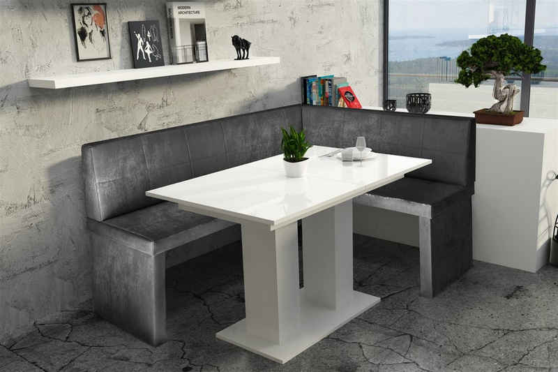 Fun Möbel Eckbankgruppe Eckbankgruppe „Robin XL“ Kunstleder 196x142cm mit Tisch Weiß Hochglanz, ausziehbarer Tisch