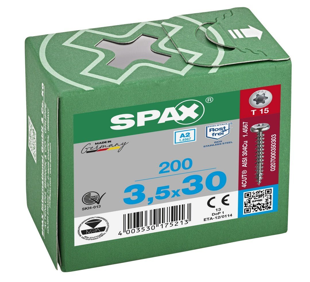mm (Edelstahl SPAX 3,5x30 200 Spanplattenschraube Edelstahlschraube, A2, St),