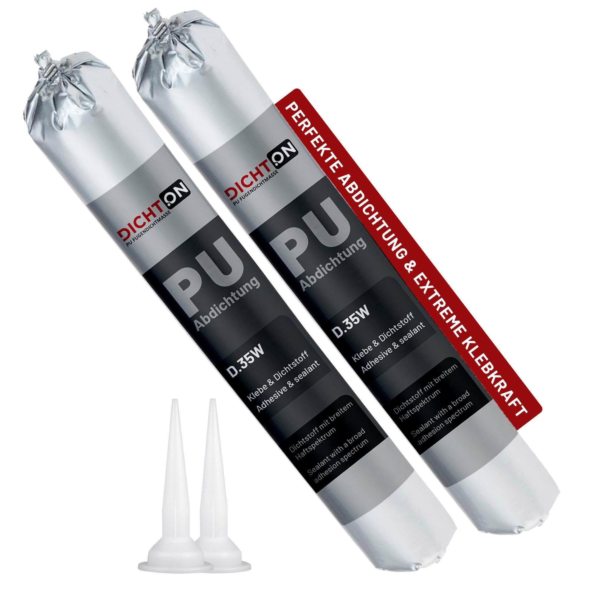 DICHTON Dichtstoff D.35W PU Abdichtung Fugendichtmasse, kunstharzgebunden, gebrauchsfertig, (elastische 1K Polyurethan Fugenabdichtung, Haftung auf Beton, Fliesen, Alu, Stahl, Glas, Kunststoff ©, 2-tlg., PU Abdichtung & Klebstoff), Dichtstoff in grau UV-stabil & lösemittelfrei