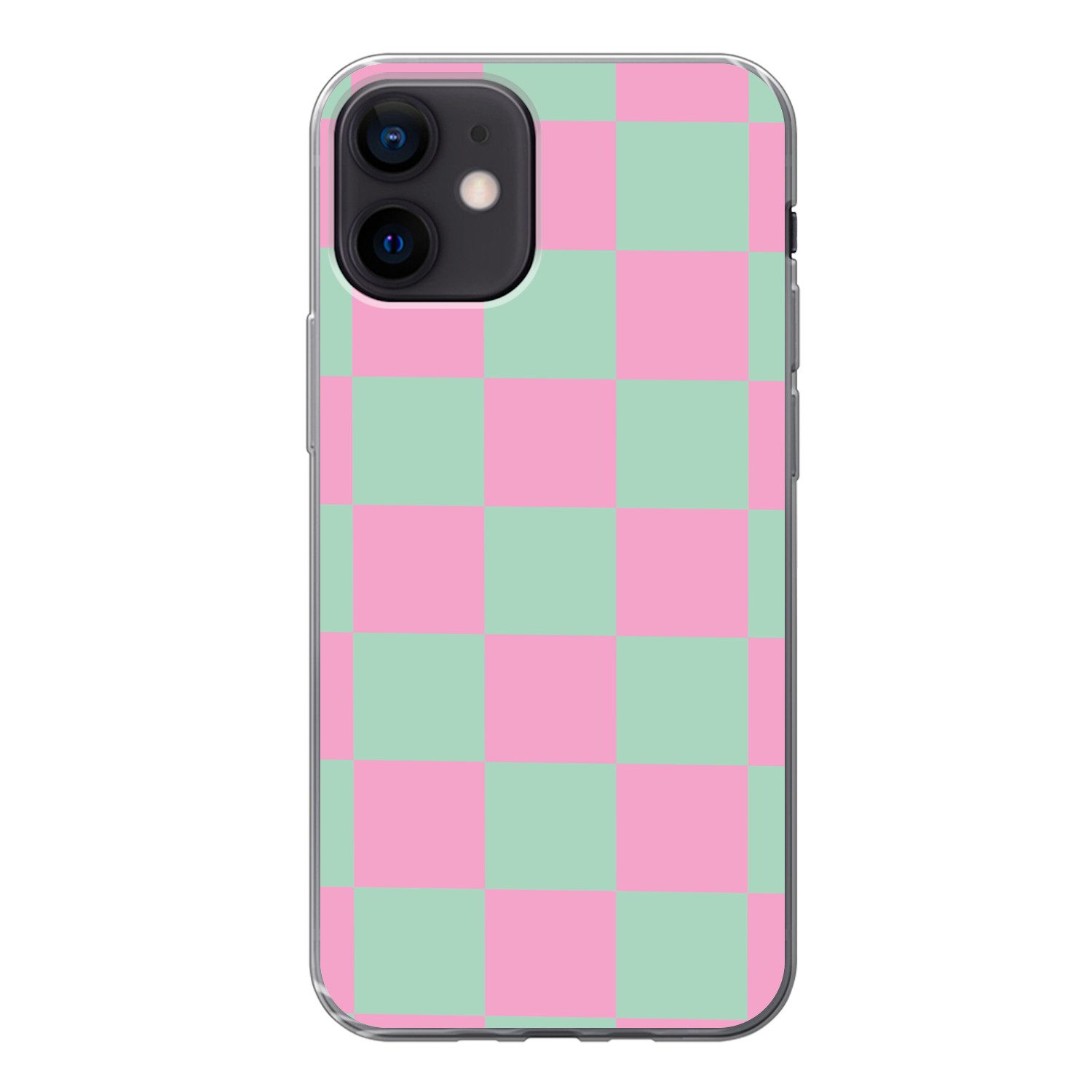 MuchoWow Handyhülle für Apple iPhone 12 Schachbrettmuster - Grün - Rosa - Würfel, Smartphone-Bumper, Print, Handy Schutzhülle Dünn