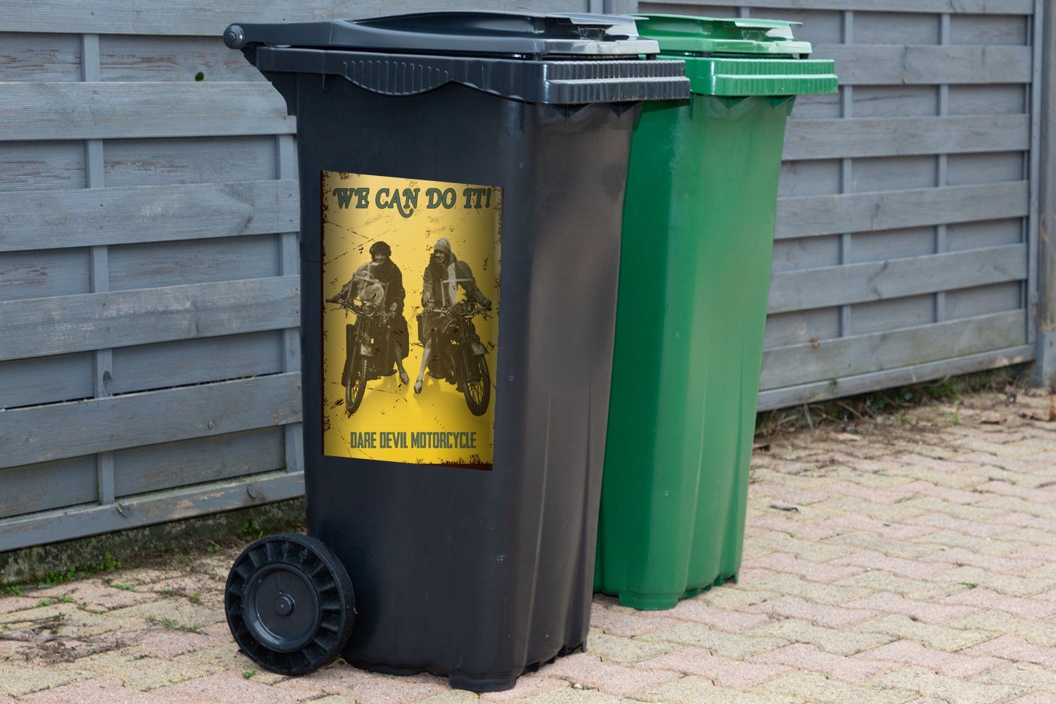Abfalbehälter Mülleimer-aufkleber, - Retro - - St), Frauen Mülltonne, Motorrad MuchoWow (1 Wandsticker Container, Sticker, Zeichnung