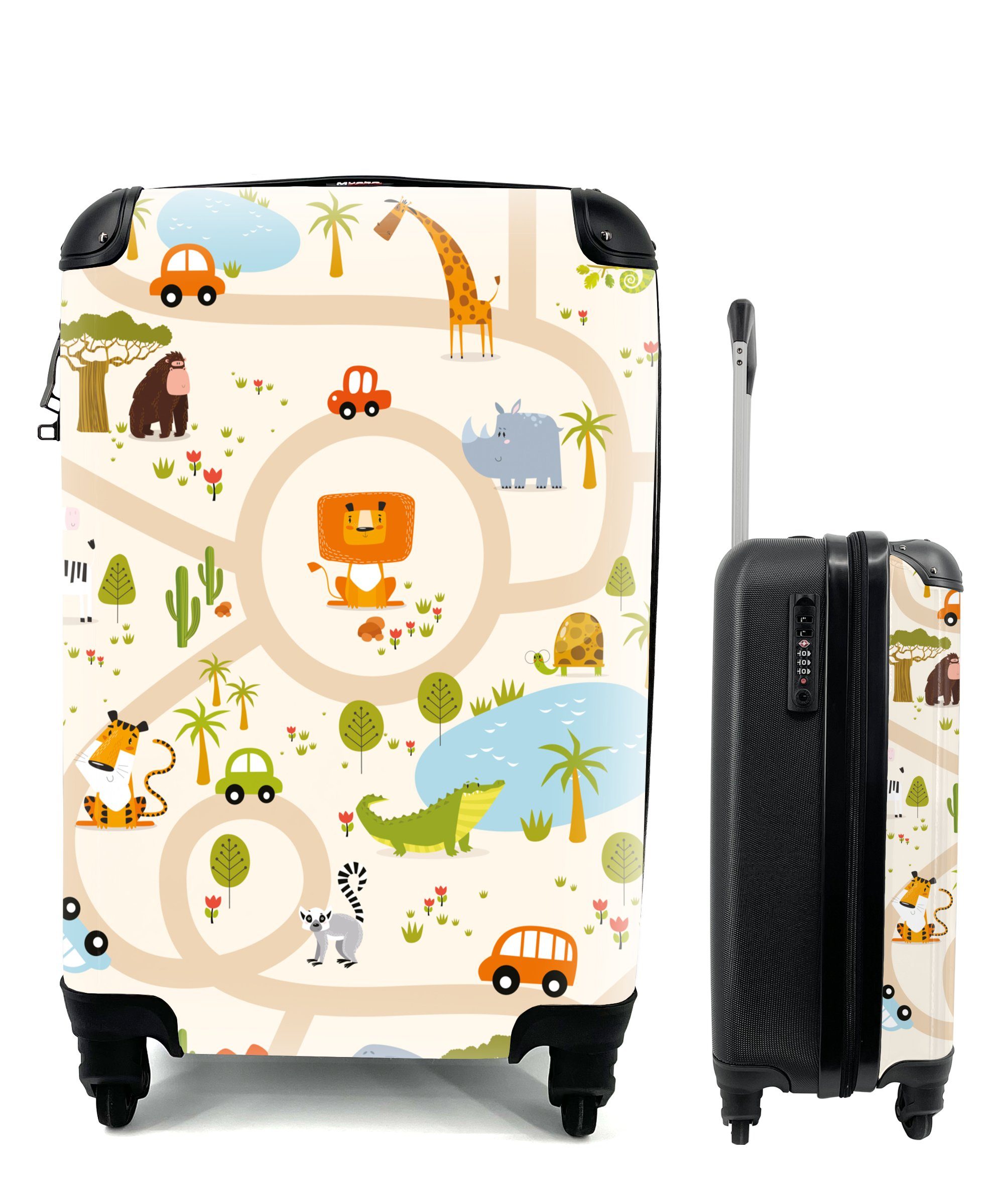 MuchoWow Handgepäckkoffer Safari - Auto - Kinder - Beige, 4 Rollen, Reisetasche mit rollen, Handgepäck für Ferien, Trolley, Reisekoffer