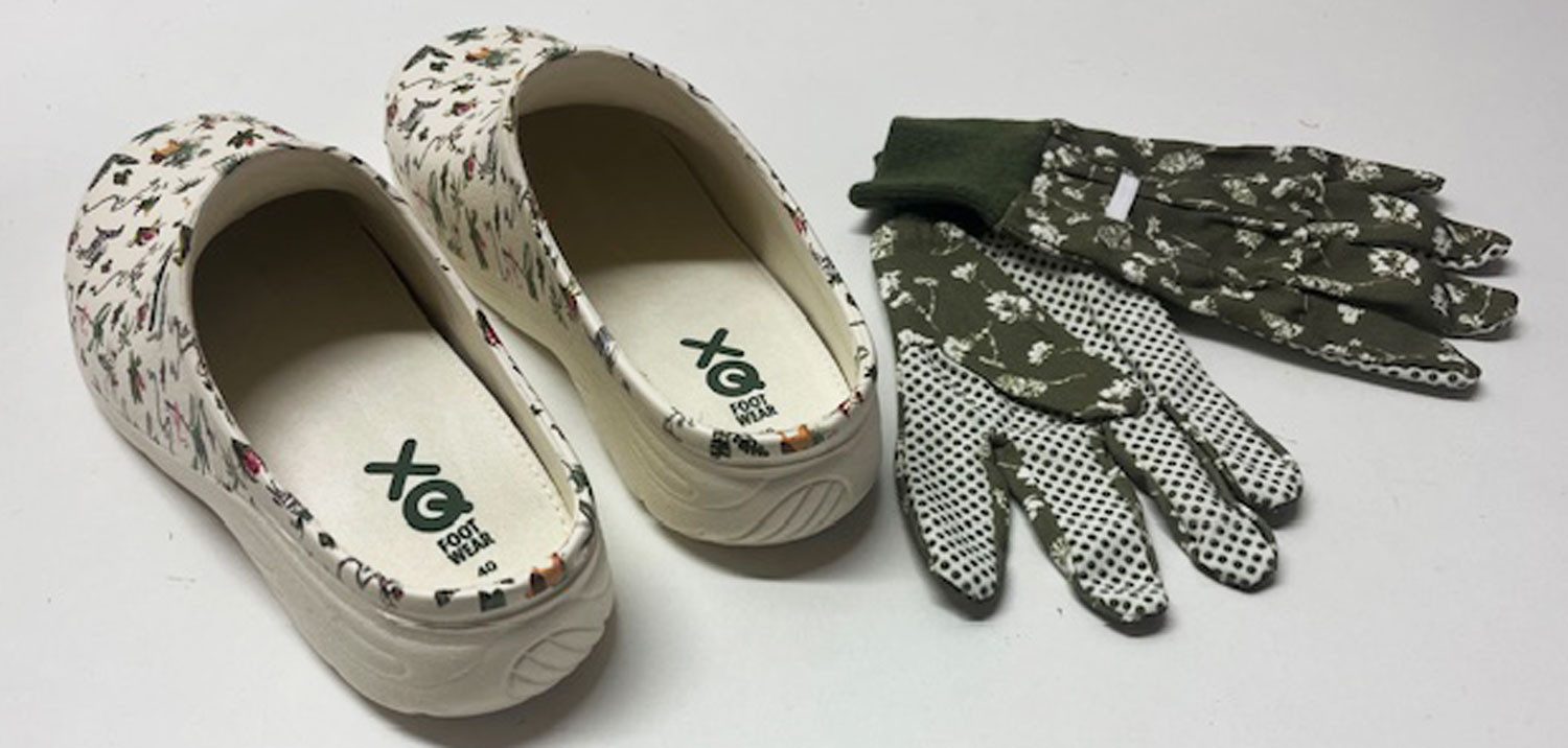 Steinnacher Bärbel Damen Gartenclogs Safari creme mit passenden Gartenhandschuhen Clog