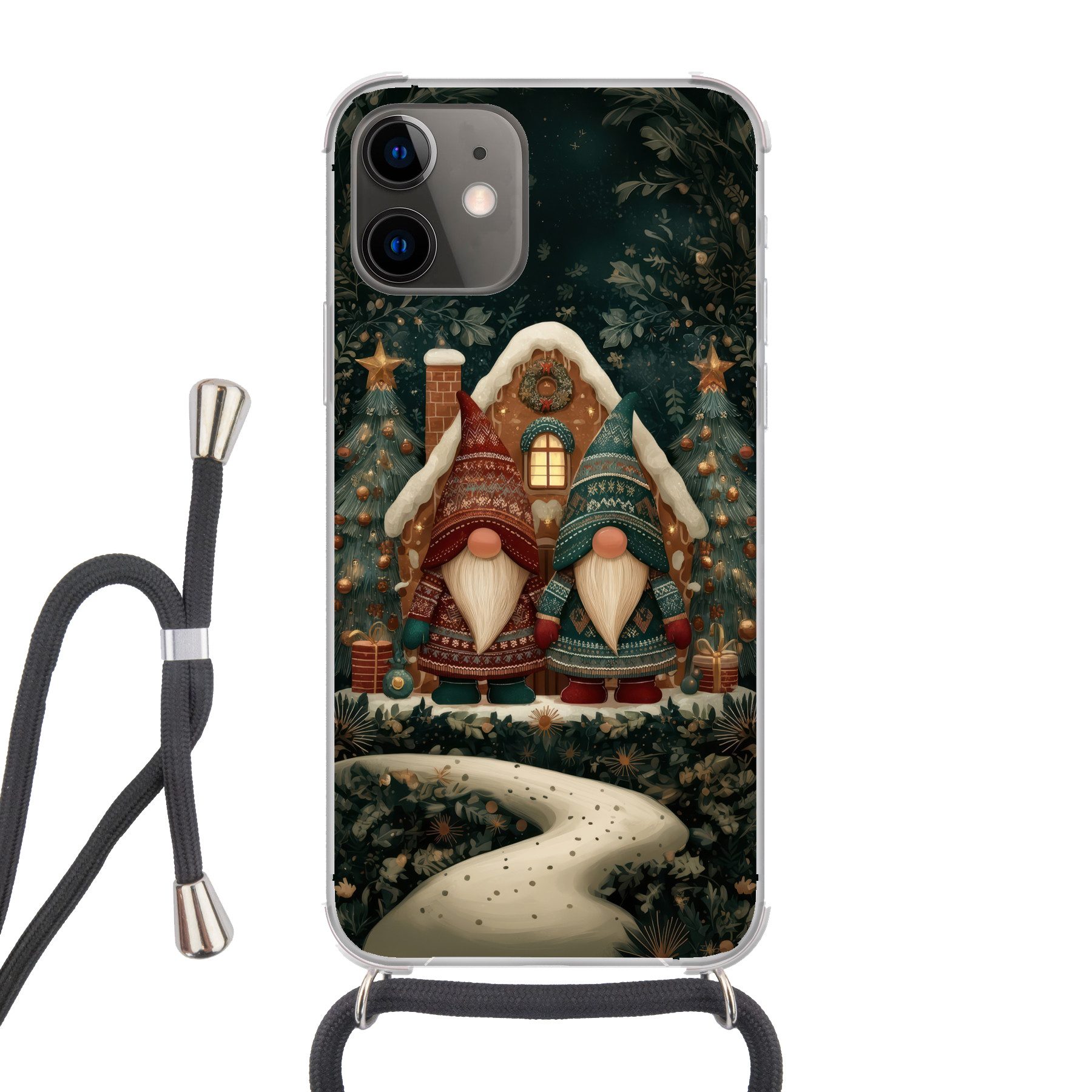 MuchoWow Handyhülle für Apple iPhone 12 Mini Weihnachten - Wichtel - Lebkuchenhaus - Rot -, Tragbare Handyhüllen mit Kette zum umhängen, Handykette Handyband