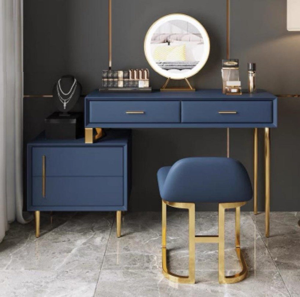 JVmoebel Schminktisch Eleganter Schminktisch in Blau mit goldenen Füßen und Hocker (Set, 2-St), Made in Europa