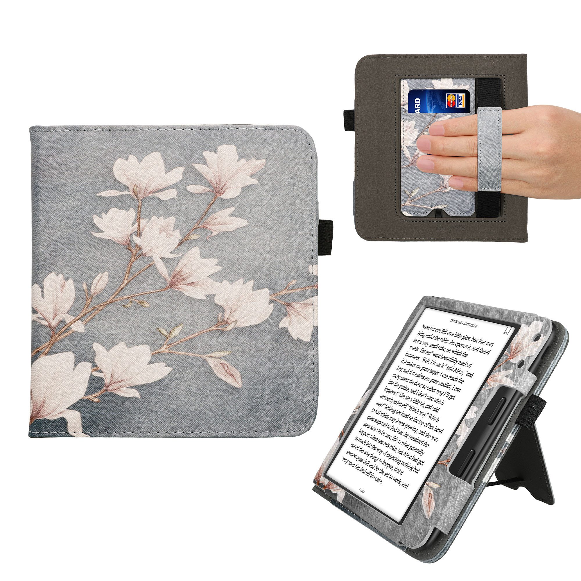 kwmobile E-Reader-Hülle Flip Schutzhülle für Kobo Kobo Libra Colour / Tolino Vision Color, Handschlaufe - Cover Magnolien Design