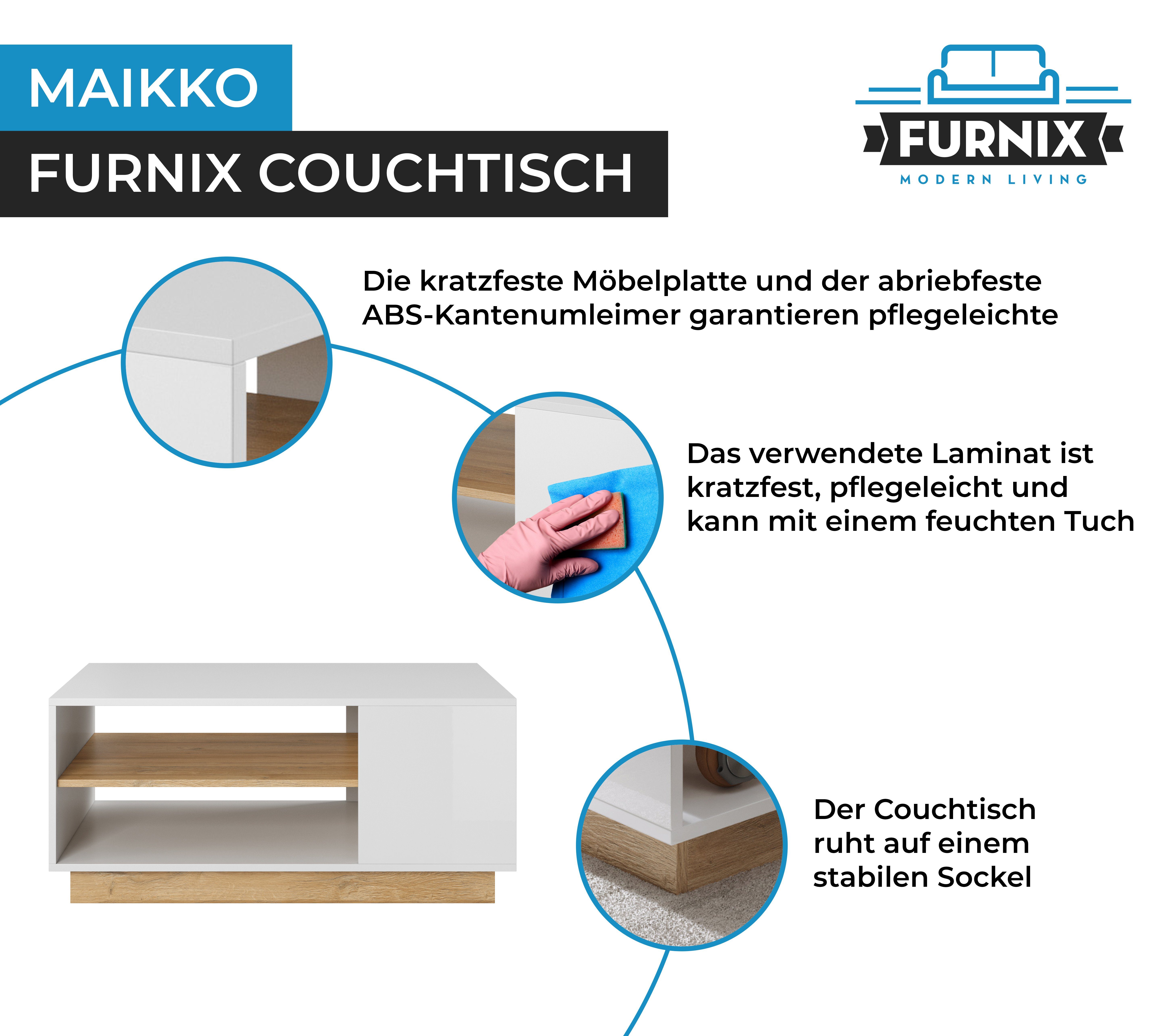 Holztisch x T60 in made EU Weiß/ Furnix B100 dekorativ, Couchtisch cm, eckiger 2 Ablagefächern Grandson, H45 Eiche MAIKKO x