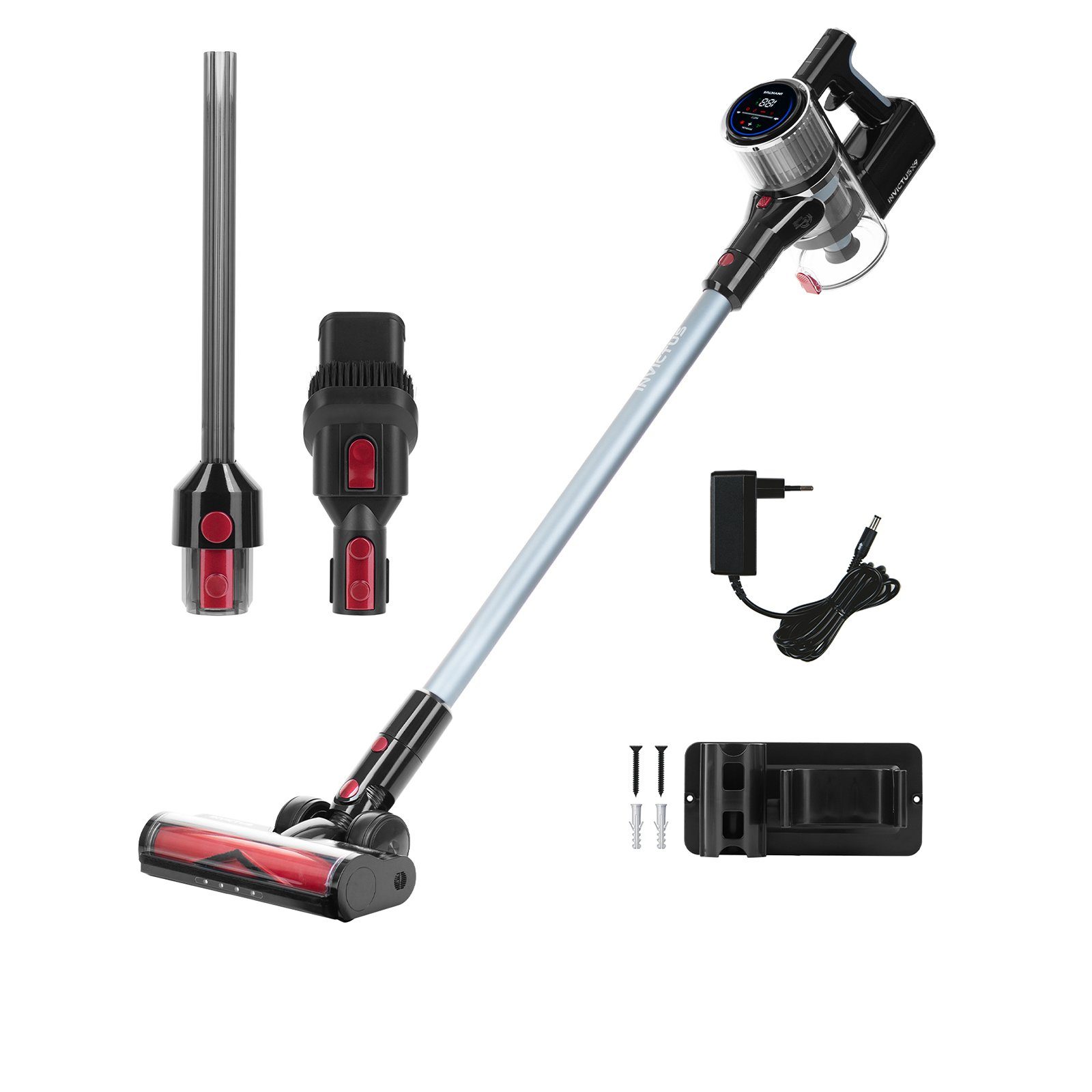 Genius Akku-Hand-und Stielstaubsauger Invictus X9 Facelift Kabellos 12-tlg., Akkustaubsauger Kabellos, 380 W, Beutellos HEPA 3 Fach Filtersystem, LED Wandhalterung bis zu 55 Min für Hartböden Teppich Tierhaare