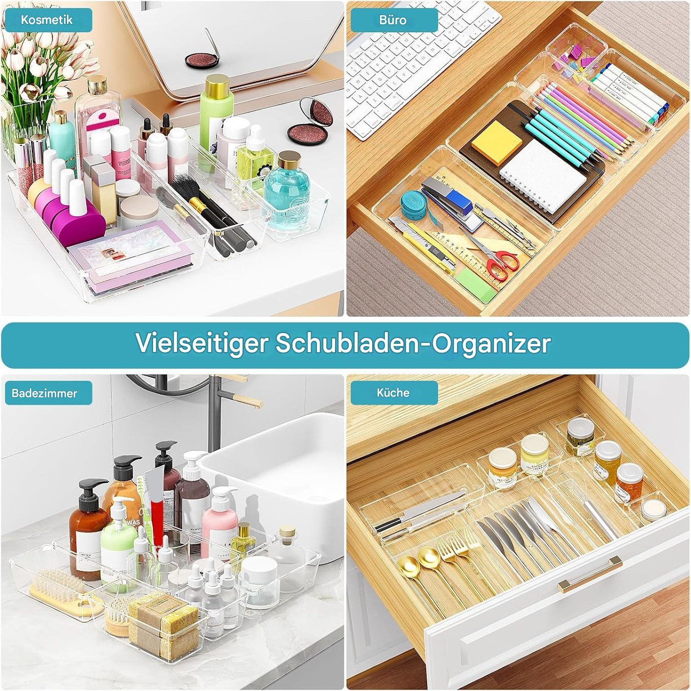 SURFOU Organizer Schubladen Organizer 25 St. Schminktisch Organizer Schreibtisch (schubladen organizer bad, schminktisch organizer für schublade 4 Größen, 25 St., Transparent, waschbar, ausgestattet), Stapelbar,Geeignet für Badezimmer, Schlafzimmer, Küche