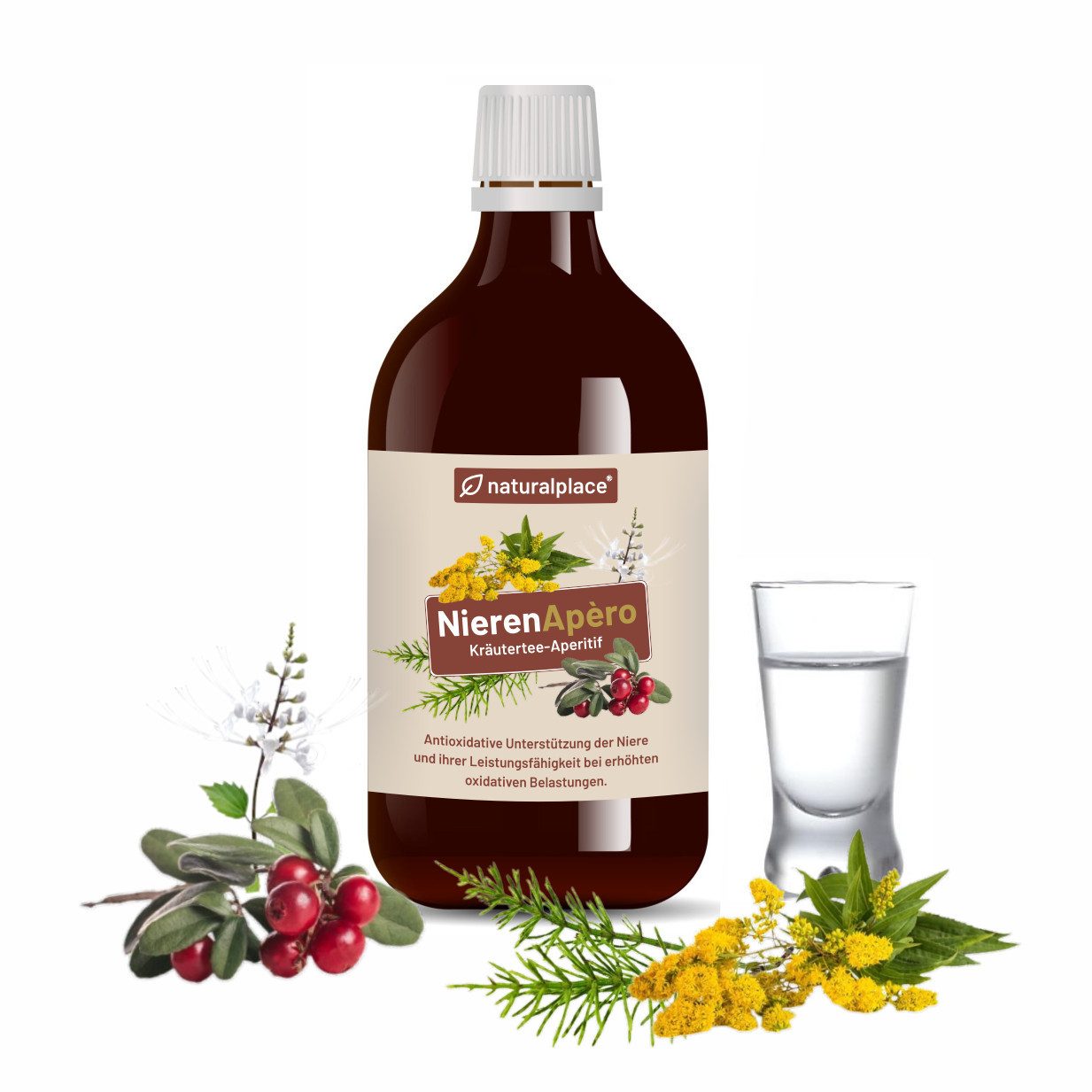 naturalplace® NierenApèro - Kräuteraperitif zur Unterstützung der Nierengesundheit -Tropfen, 500 ml, mit Goldrutenkraut-, Bärentrauben-, Ortosiphonblätter, Zinnkraut