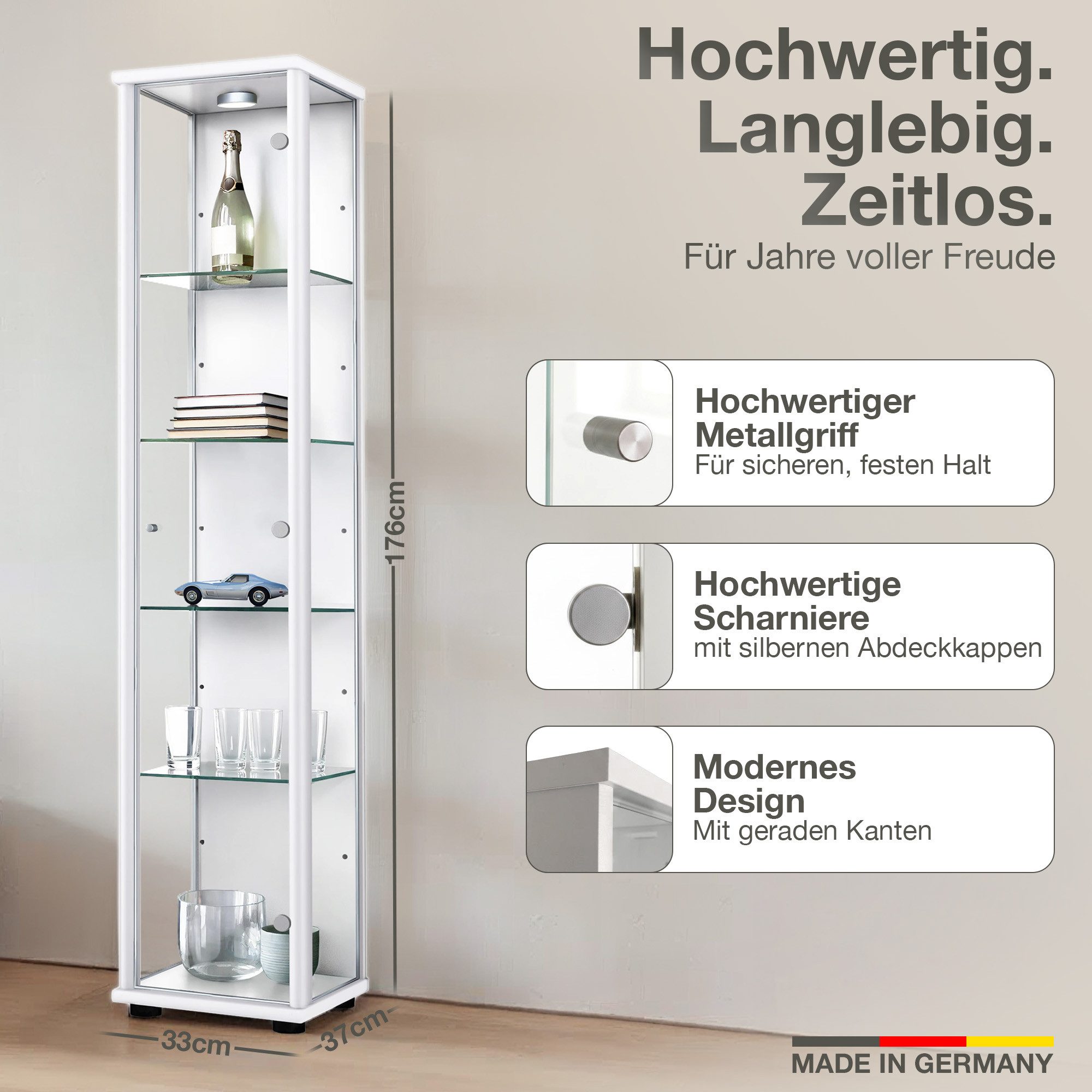 K-Möbel Glasvitrine C1014 (Glasvitrine (176x37x33 cm) mit 1 Glastür) Glasvitrine stehend