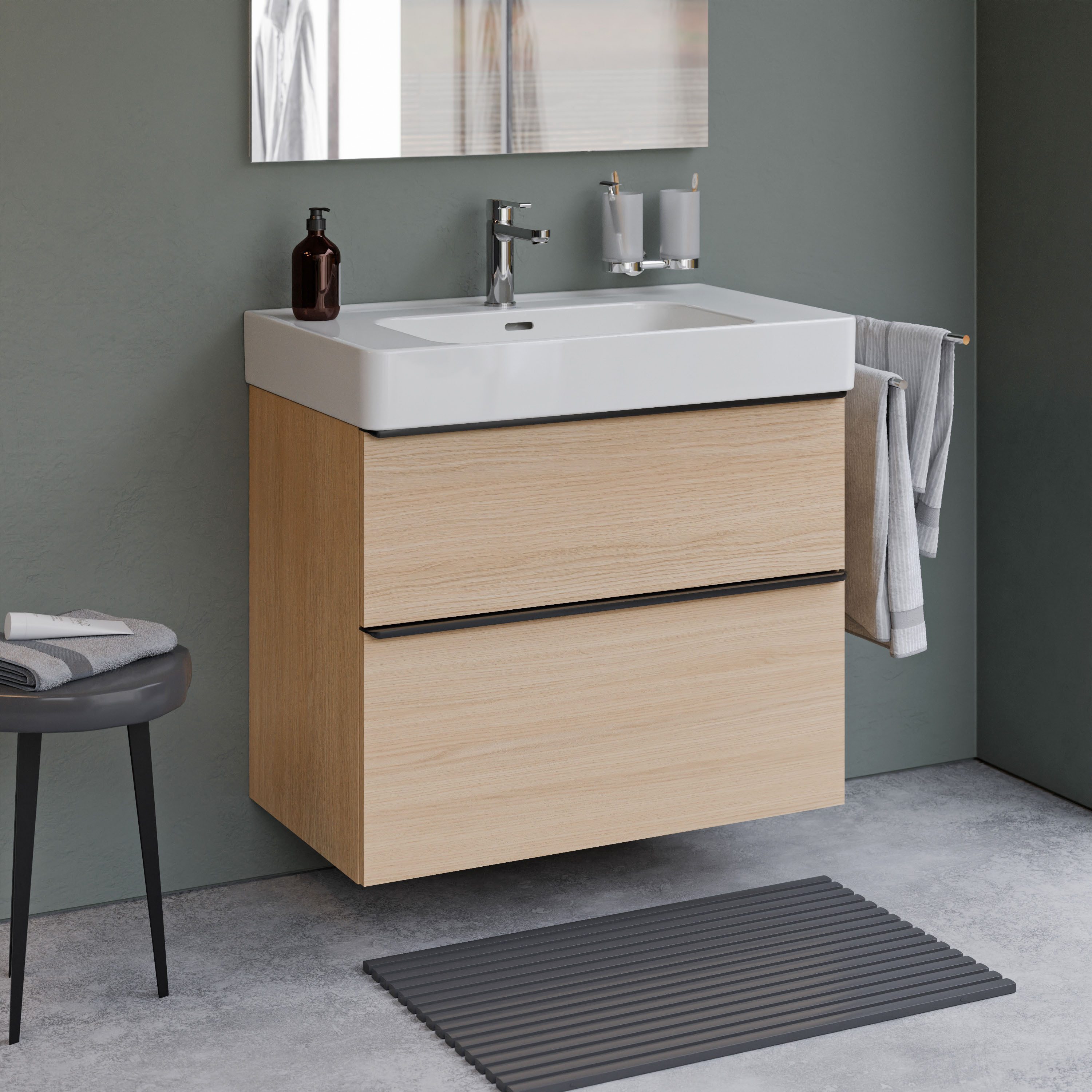 Duravit Badmöbel-Set Soleil 80cm Eiche Natur / 2 Auszüge, Badmöbel Set 80cm Unterschrank 2 Auszüge Keramik Waschbecken