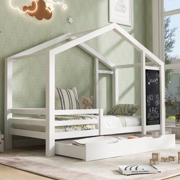 Sweiko Kinderbett, Hausbett mit Rausfallschutz,Tafel und 2 Schubladen, 90 x 200cm