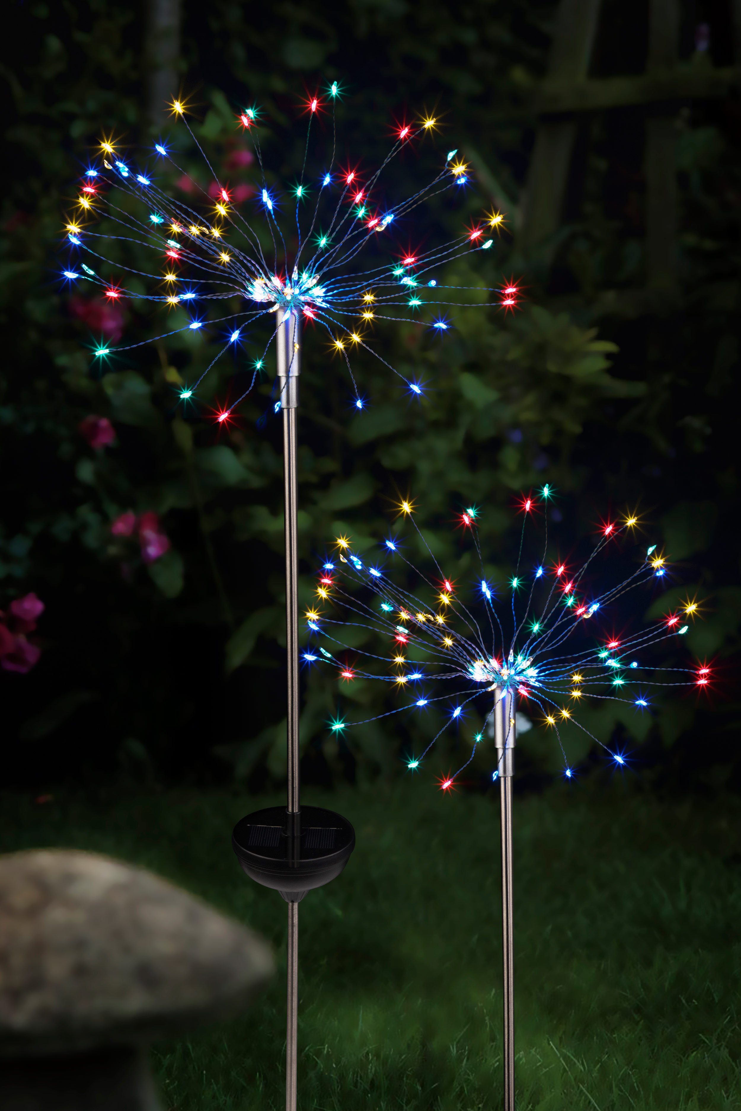 IC Gardenstyle LED Solarleuchte 2er moderne Erdspieß, cm Dekoleuchte 85 ca. bunt 120 Gartenleuchte, LEDs, Höhe: insgesamt kabellos, Feuerwerk, Set inkl