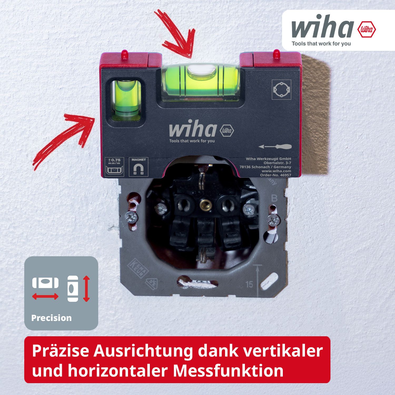 Wiha Wasserwaage (46957), Zwei Libellen, 4-Ring-Libelle, 60mm Abstand Zentrierspitzen