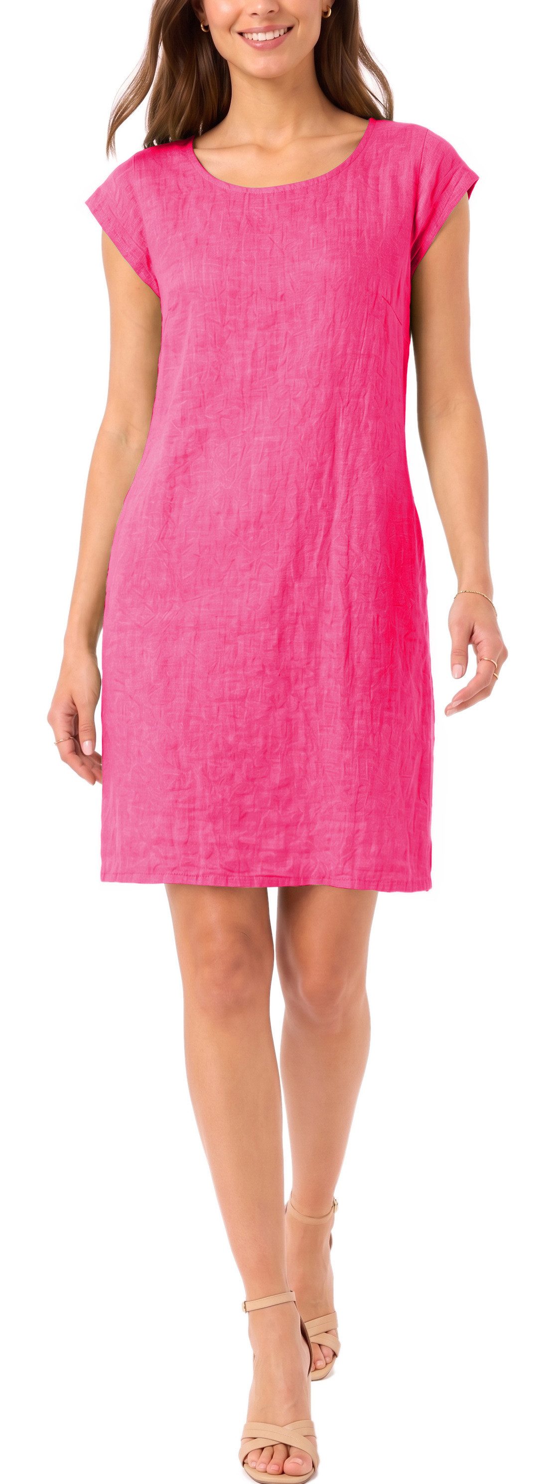 dy_mode Midikleid Einfarbiges Damen Leinenkleid Sommerkleid Kurzarm Midi Kleid in Unifarbe, mit Eingriffstaschen, leicht taillierte Passform – Bild 3 von 5