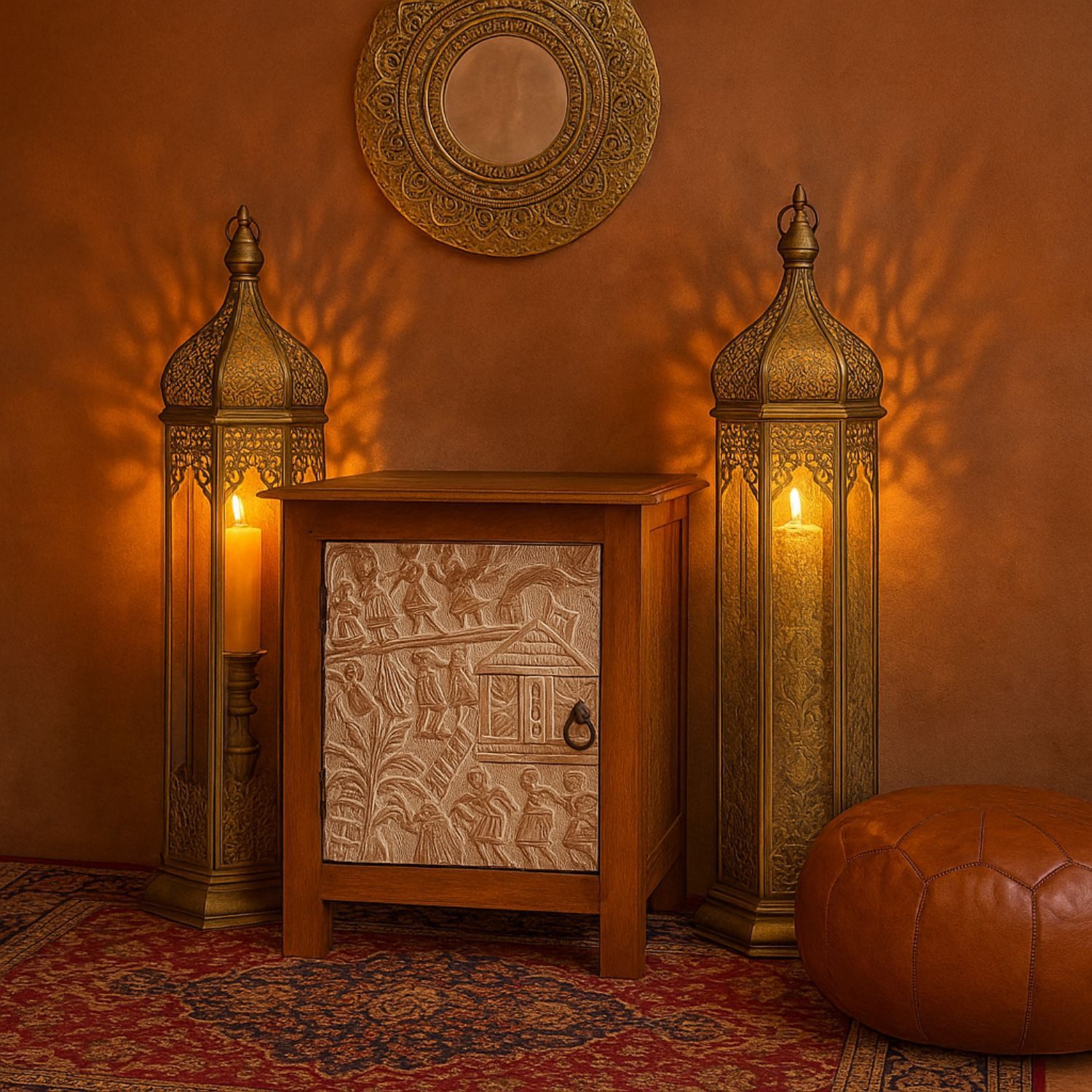 Marrakesch Orient & Mediterran Interior Nachttisch Nachttisch Faten 60cm, Massivholz mit geschnitzter Tür im Boho-Stil (1-St), Handarbeit