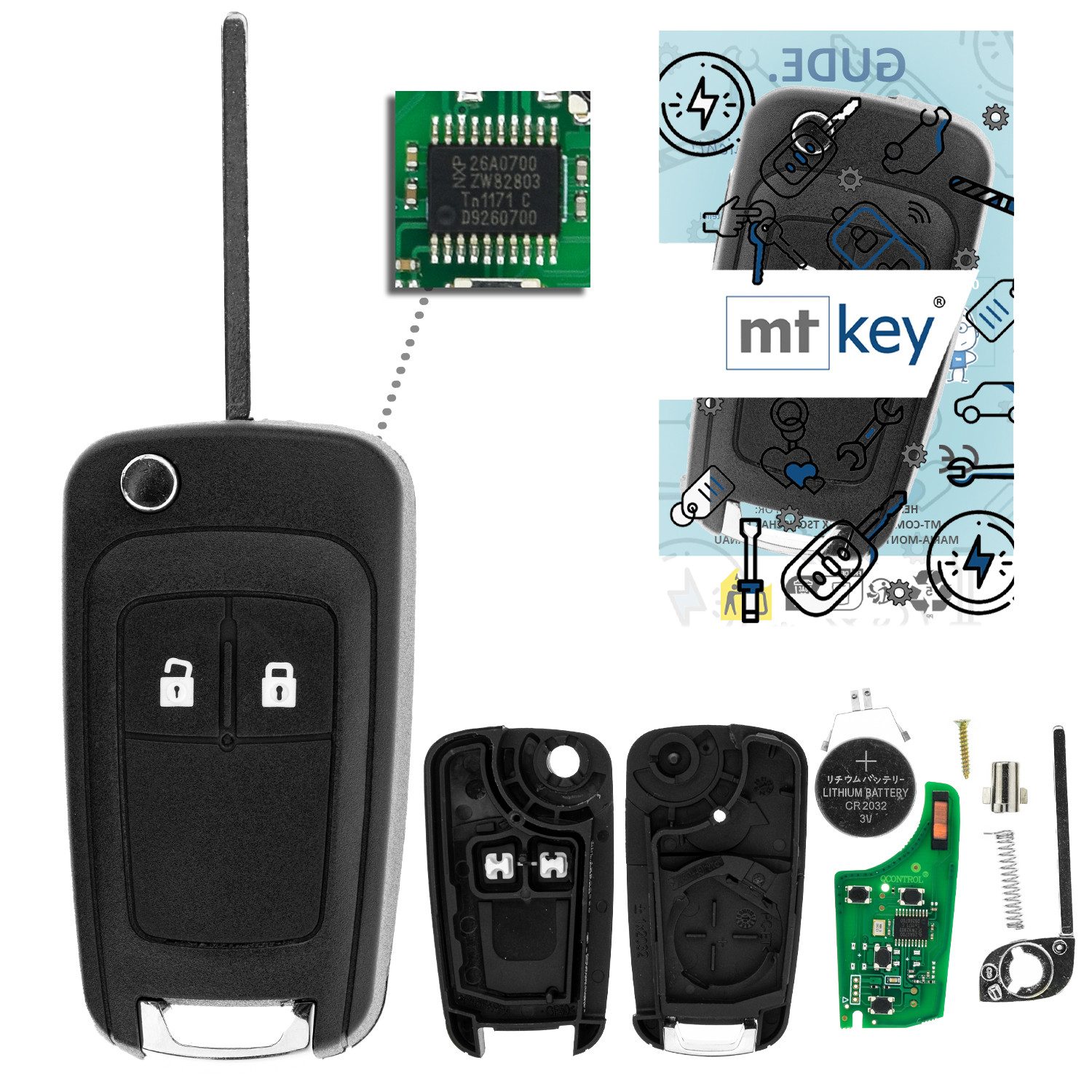 mt-key Schlüsseltasche Auto Klapp Schlüssel 434MHZ Fernbedienung ID46 (Set), für Opel Adam (12–16); Astra J (10–15); Cascada (13–16); Corsa E (