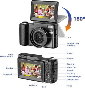 HT V01 Kompaktkamera (48 MP, 4K Videokamera Camcorder Digitalkamera, 16x Digitalzoom Vlogging Kamera)