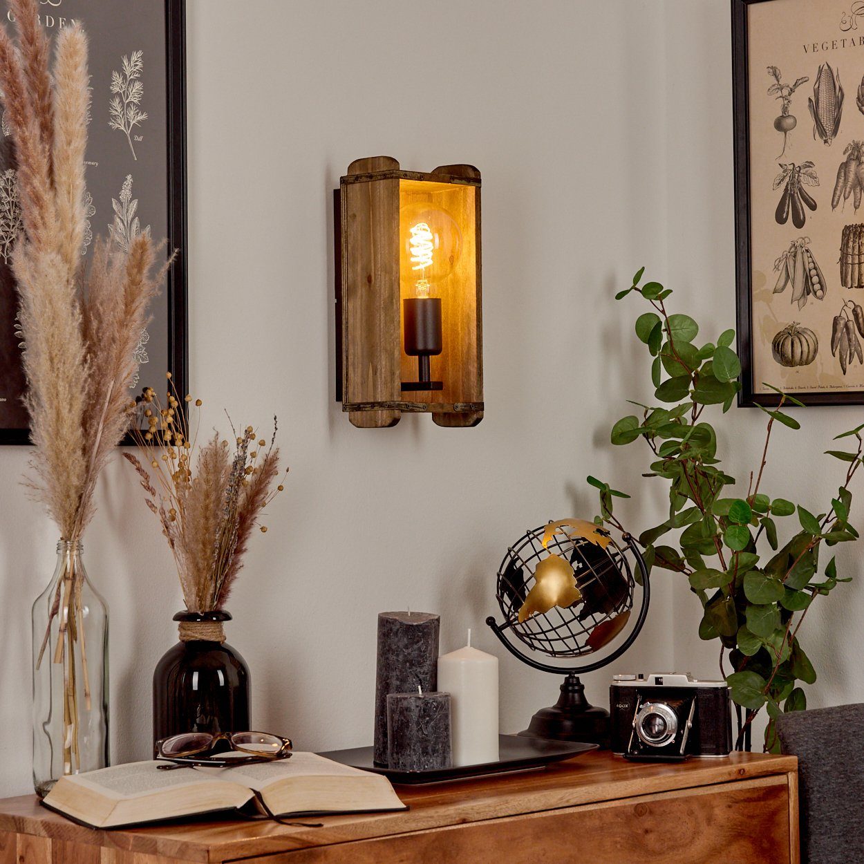 hofstein Wandleuchte »Atid« Vintage Wandlampe aus Metall/Holz in Schwarz/Natur, ohne Leuchtmittel, 1x E27, Wandspot im angesagten Retro Design aus Echtholz