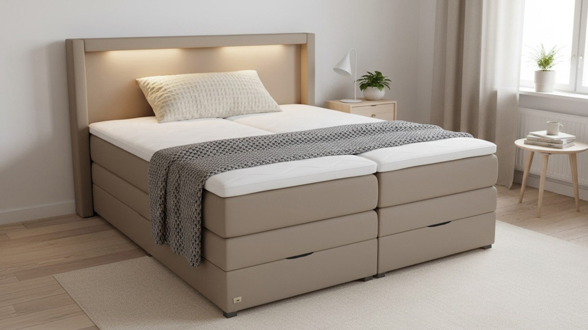 PAARA Boxspringbett Barcelona Bettkasten Kopfteil verstellbar LED Licht, inkl. Matratze und Topper, mit einzigartigem Belüftungssystem