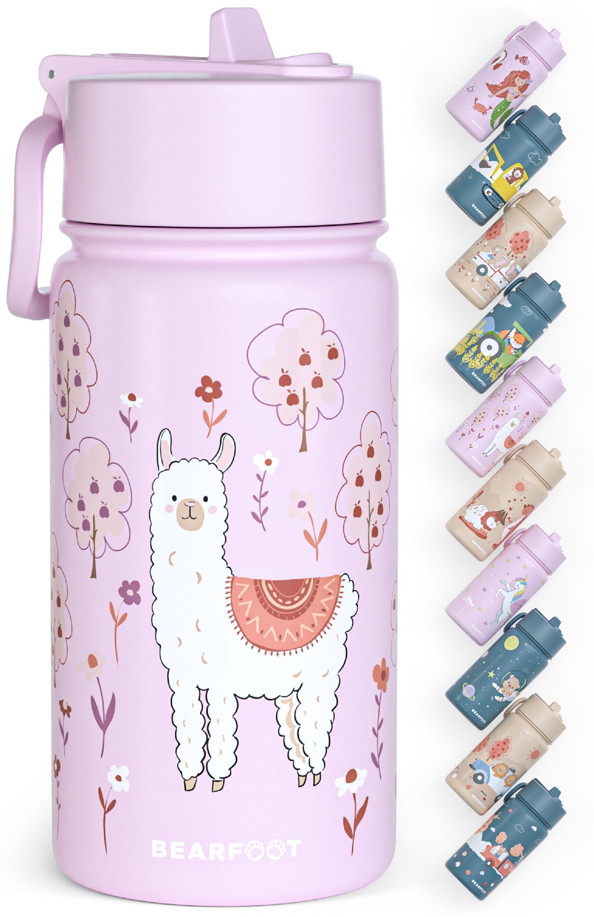 BEARFOOT Trinkflasche Thermo Kinder Trinkflasche Edelstahl - Lama lila, Thermosflasche, auslaufsicher, Edelstahl, Kinderflasche, BPA-frei