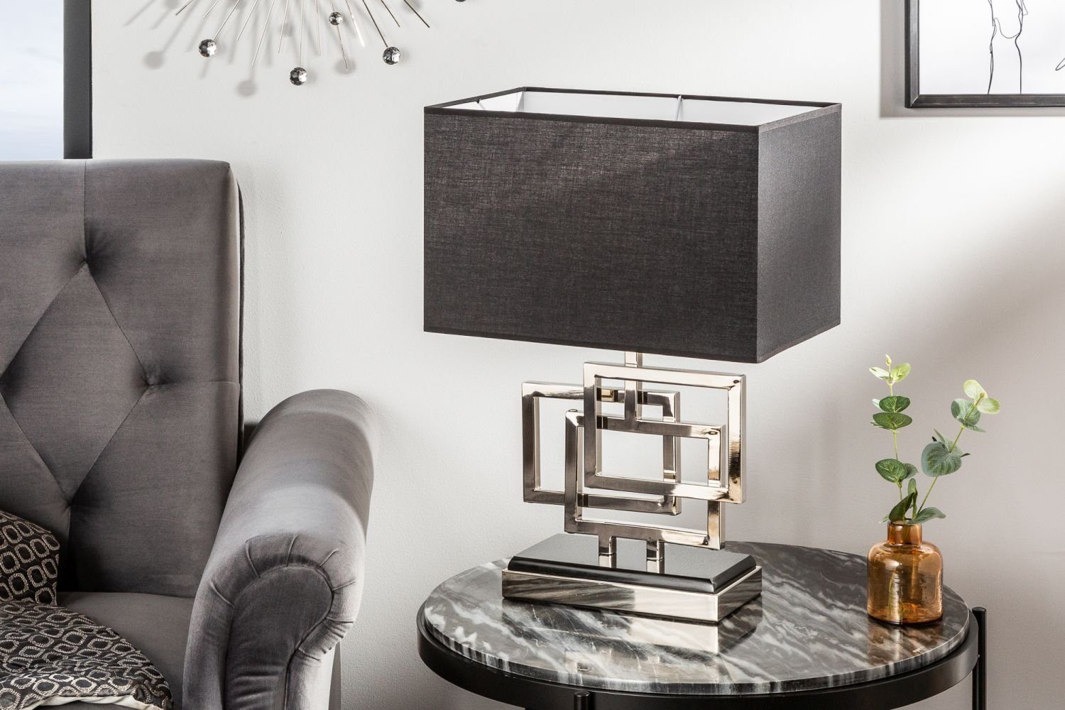Schwarz Stoffschirm Nachttisch Silber Licht-Erlebnisse Wohnzimmer Modern E27 Nachttischlampe ohne cm Leuchtmittel, 56 TEVELL,