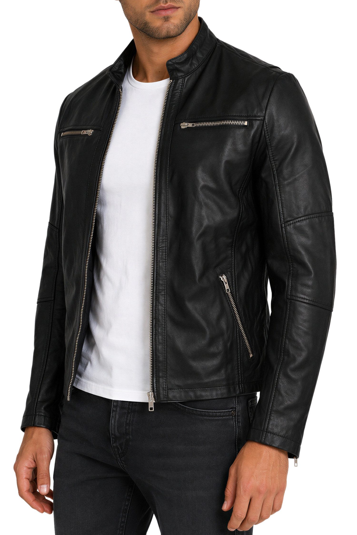 Reichstadt Lederjacke Herren Slim Fit Bikerjacke Silver Zipper 20RS20LUX Reißverschluss an den Ärmelenden – Bild 4 von 5