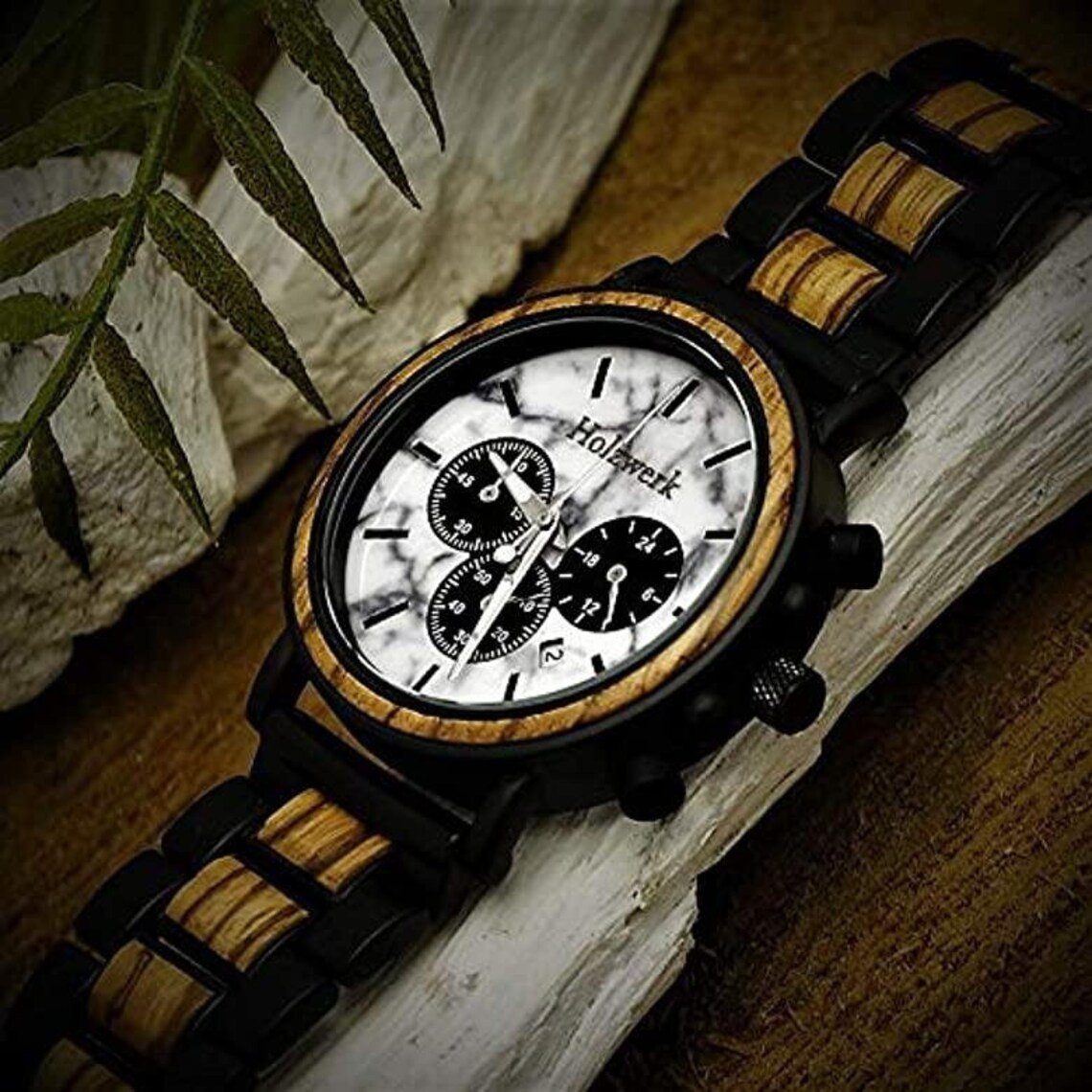 Armband BEILSTEIN Holz & Herren schwarz, Uhr in Edelstahl weiß Holzwerk Chronograph