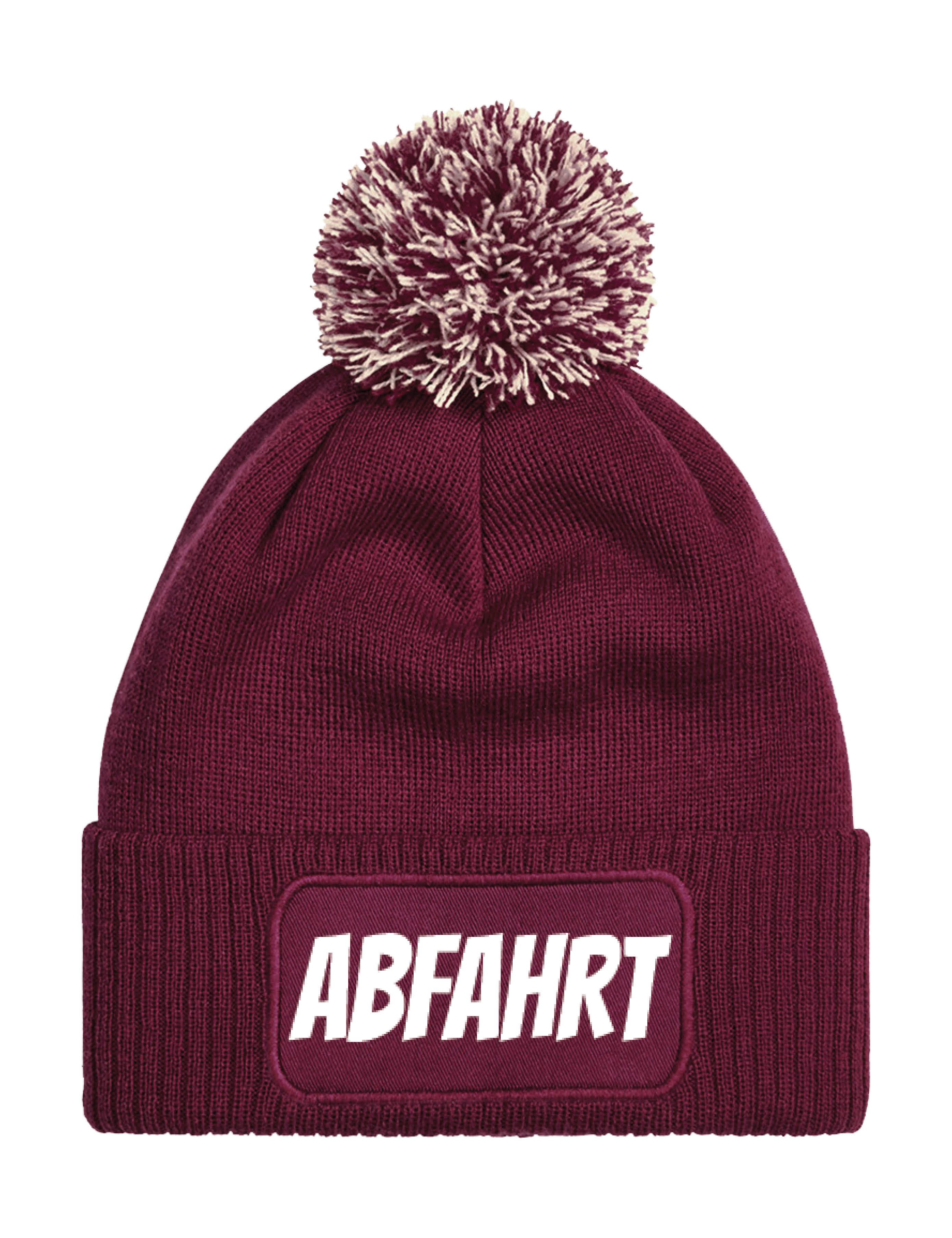 Beanie Unisex Strick Bommel Beanie Mütze mit Abfahrt Aufdruck Print Geschenk
