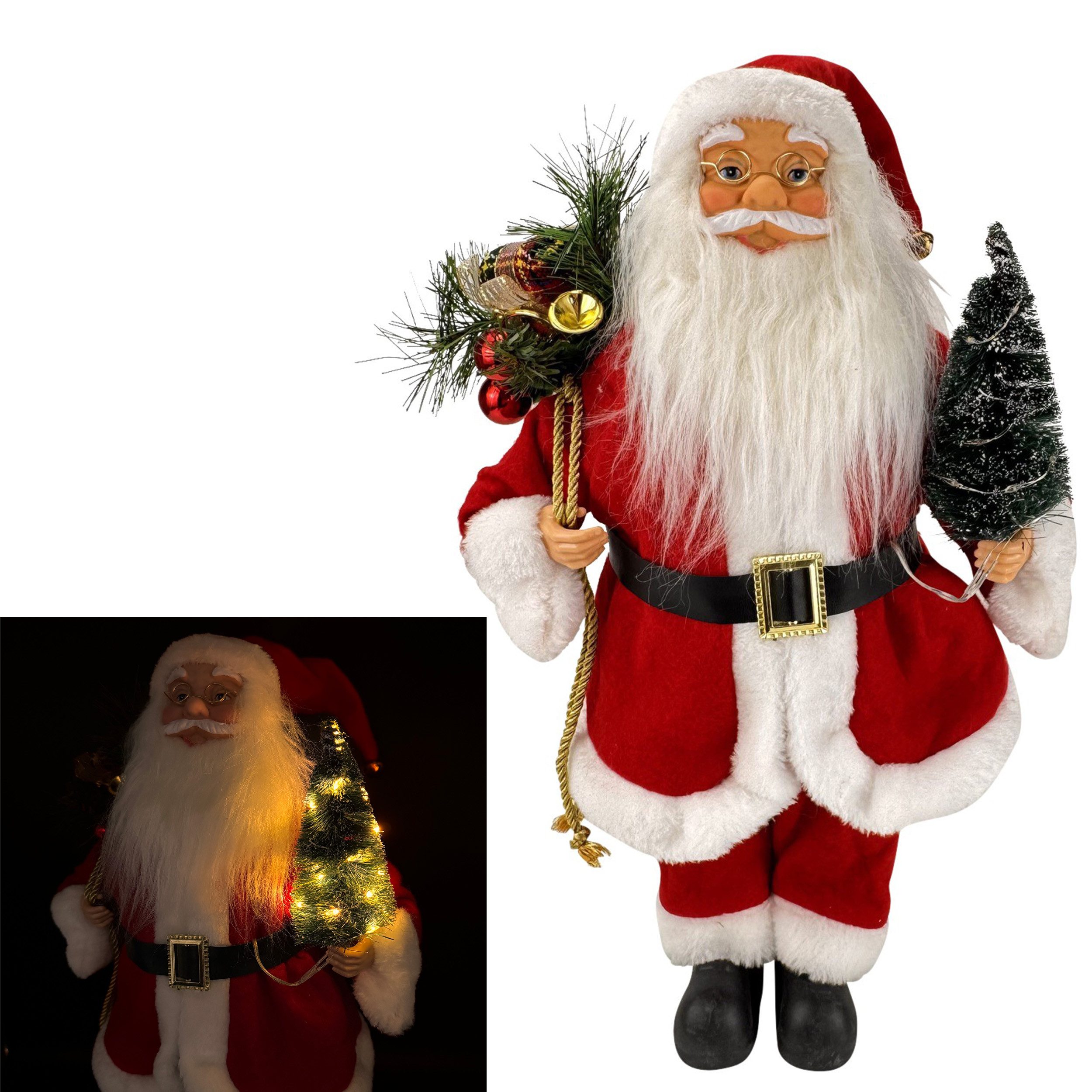 Online-Fuchs Weihnachtsmann mit Tannenbaum und LED-Lichterkette mit Timer - Weihnachtsdeko Figur (mit Geschenkesack über den Rücken, klassisch traditionelles Design), inklusive integrierter 6-Stunden Timerfunktion