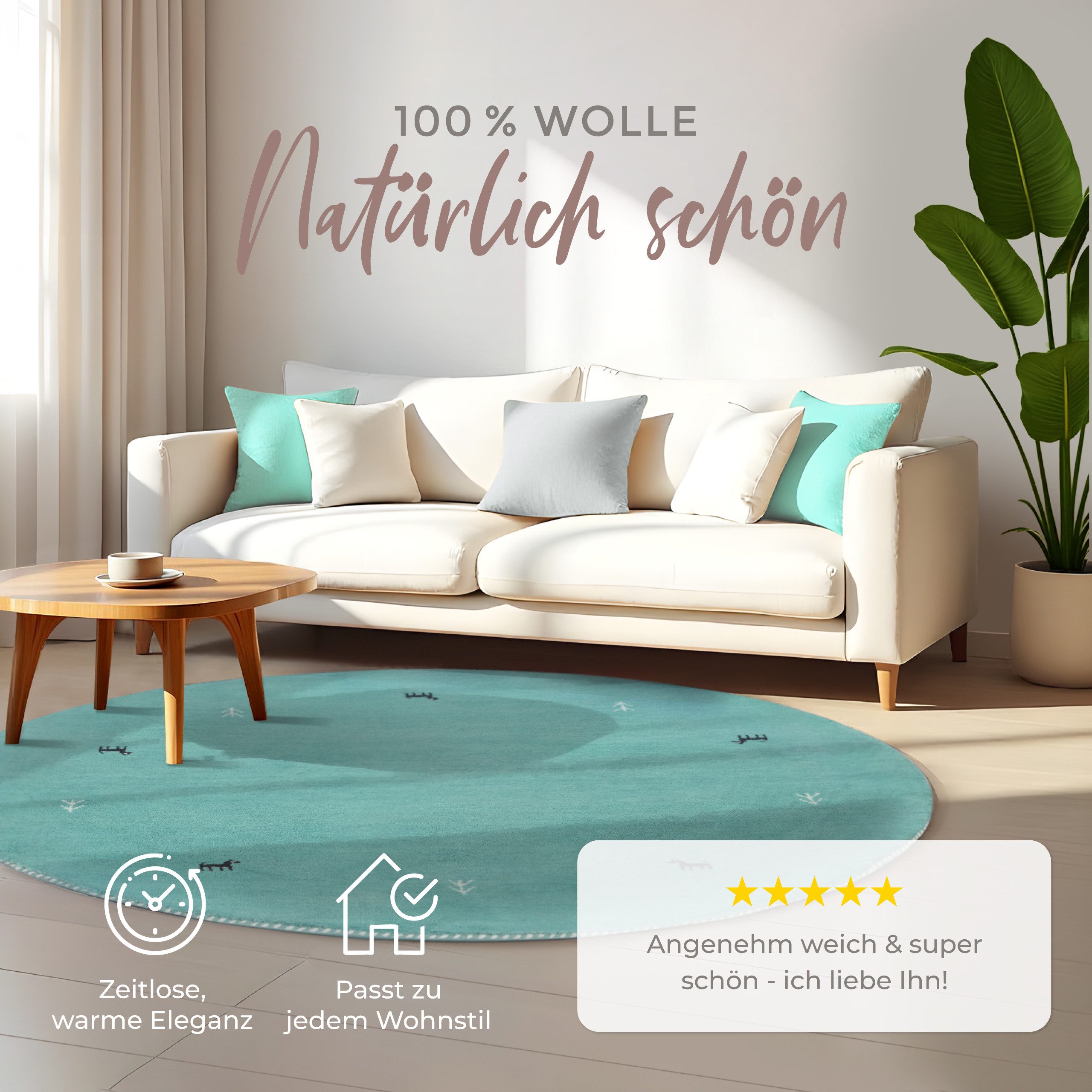 carpetfine Wollteppich Gabbeh Uni, rund, Höhe: 15 mm, reine Wolle handgewebt, Gabbeh Tiermotiv warmes Raumklima viele Größen