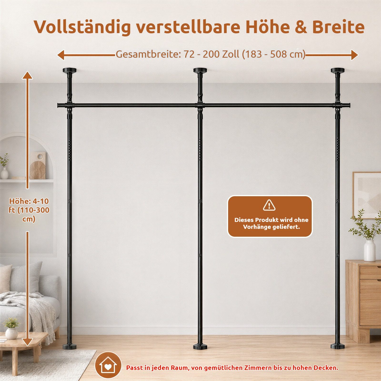 BlingBin Raumteiler Bohrfreier Raumteiler Spannstange, verstellbares Raumtrenn‑Spannsystem, 3‑vertikal 2‑horizontal, ohne Vorhang,Höhe 110‑300 cm,Breite 183‑508 – Bild 2 von 5