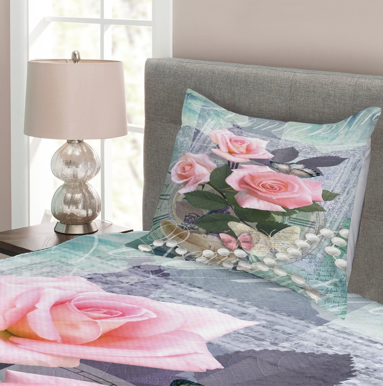 Abakuhaus, Vintage Rose mit Blumen Romanze Waschbar, Tagesdecke Kissenbezügen Set