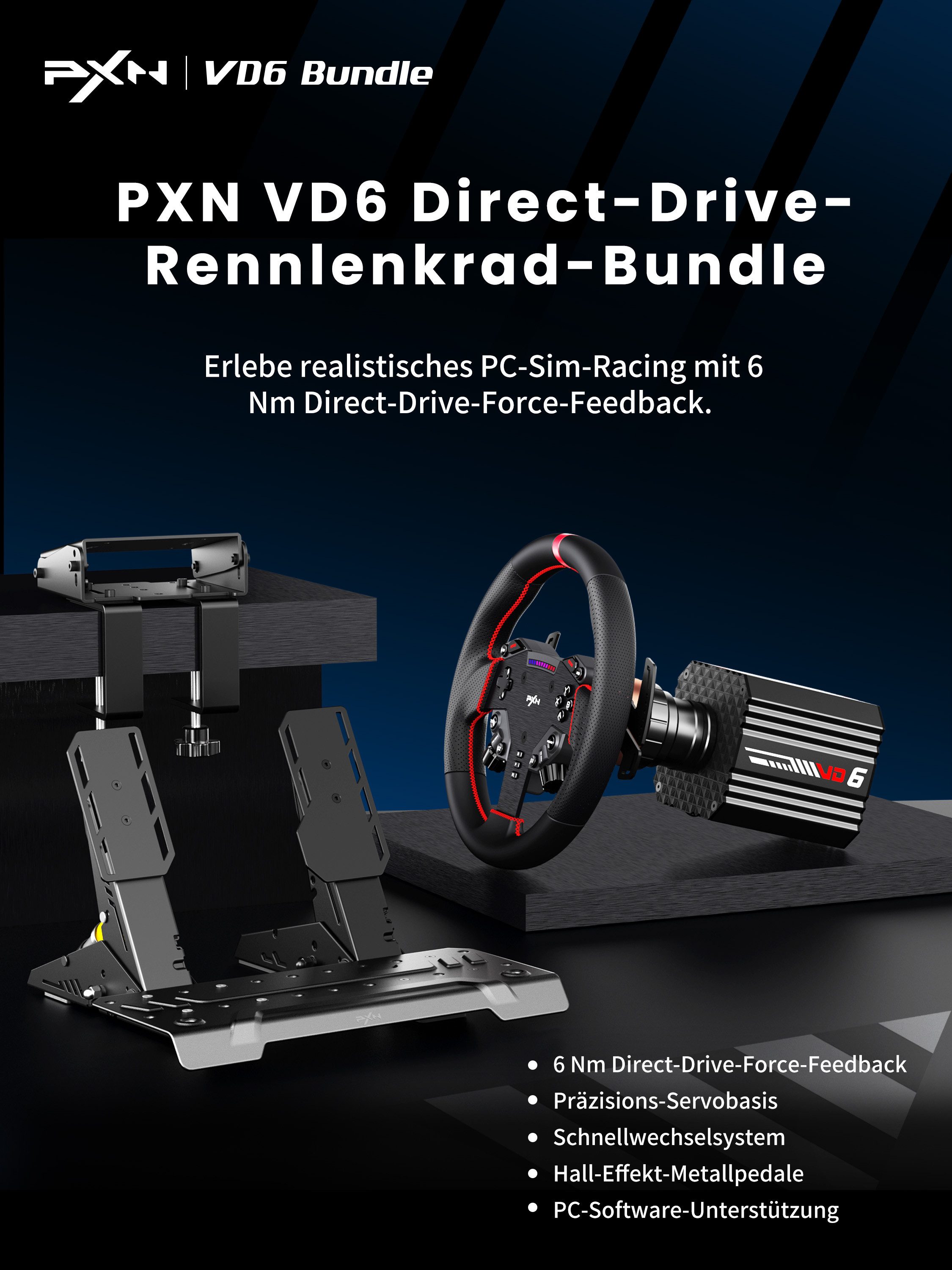 PXN VD6 Bundle Direct-Drive-Sim-Rennlenkrad-Set Gaming-Lenkrad (6Nm Force Feedback Servo 24-Bit Hall-Pedale Quick Release PC)