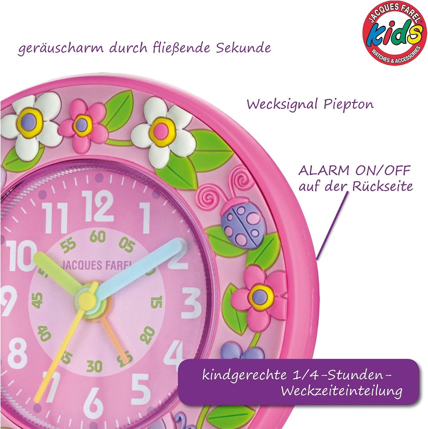 Jacques Farel Kinderwecker ACN313 Lernwecker Mädchen ohne Ticken rosa pink bunt Blumen Schmetterlinge