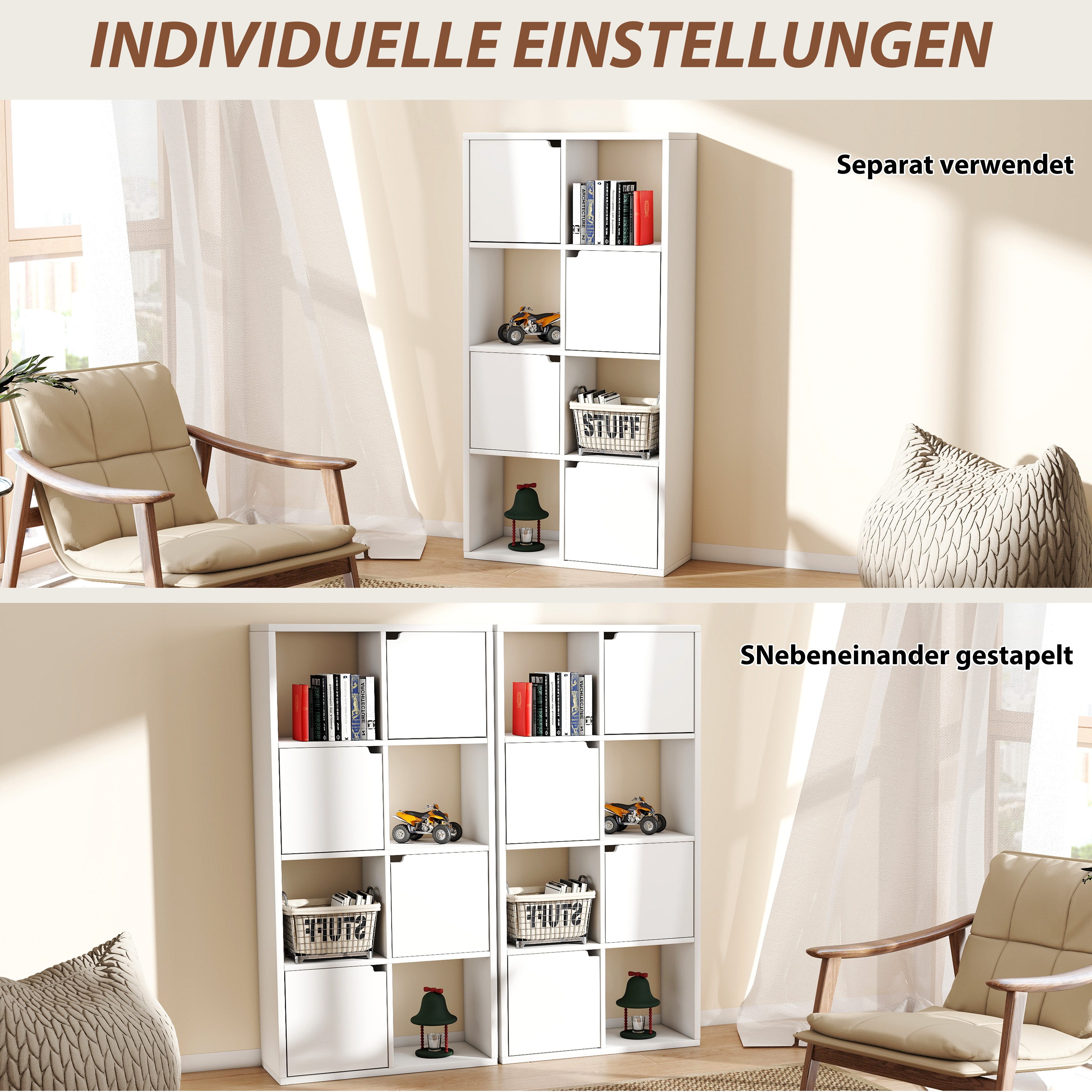 oyajia Bücherregal Bücherschrank 112cm für Wohnzimmer Home Office, 8 Fächer mit 4 Türen, Standregale, für Wohnzimmer, Büro, Weiß