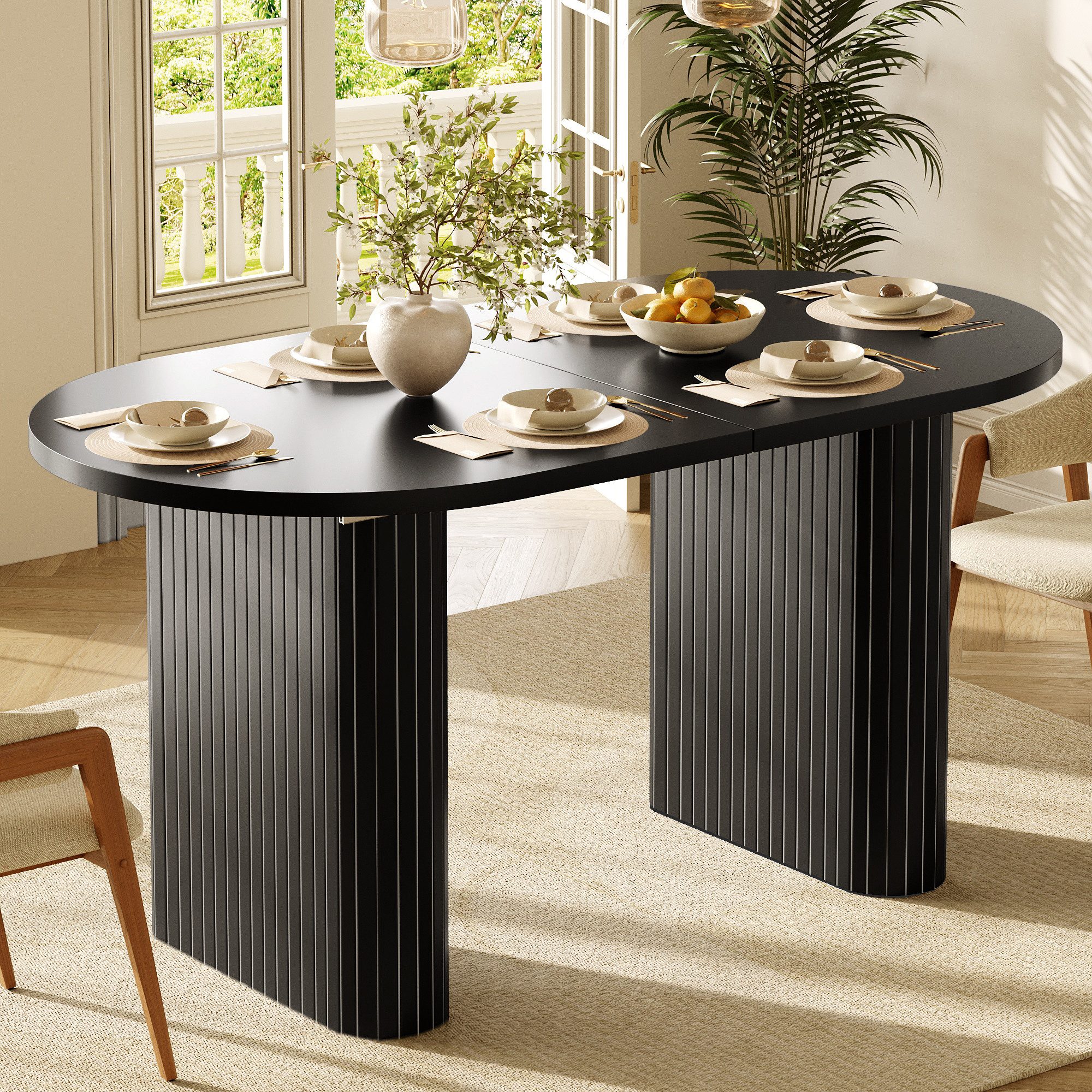 STILVORA Esstisch in Schwarz Ausziehbarer 120-160cm Küchentisch (Strukturbeine, abgerundete Ecken, 120–160cm, MDF, pflegeleicht, robust, verlängerbar), Für Esszimmer, Küche, Wohnbereich, Familienessen, Gästeempfang