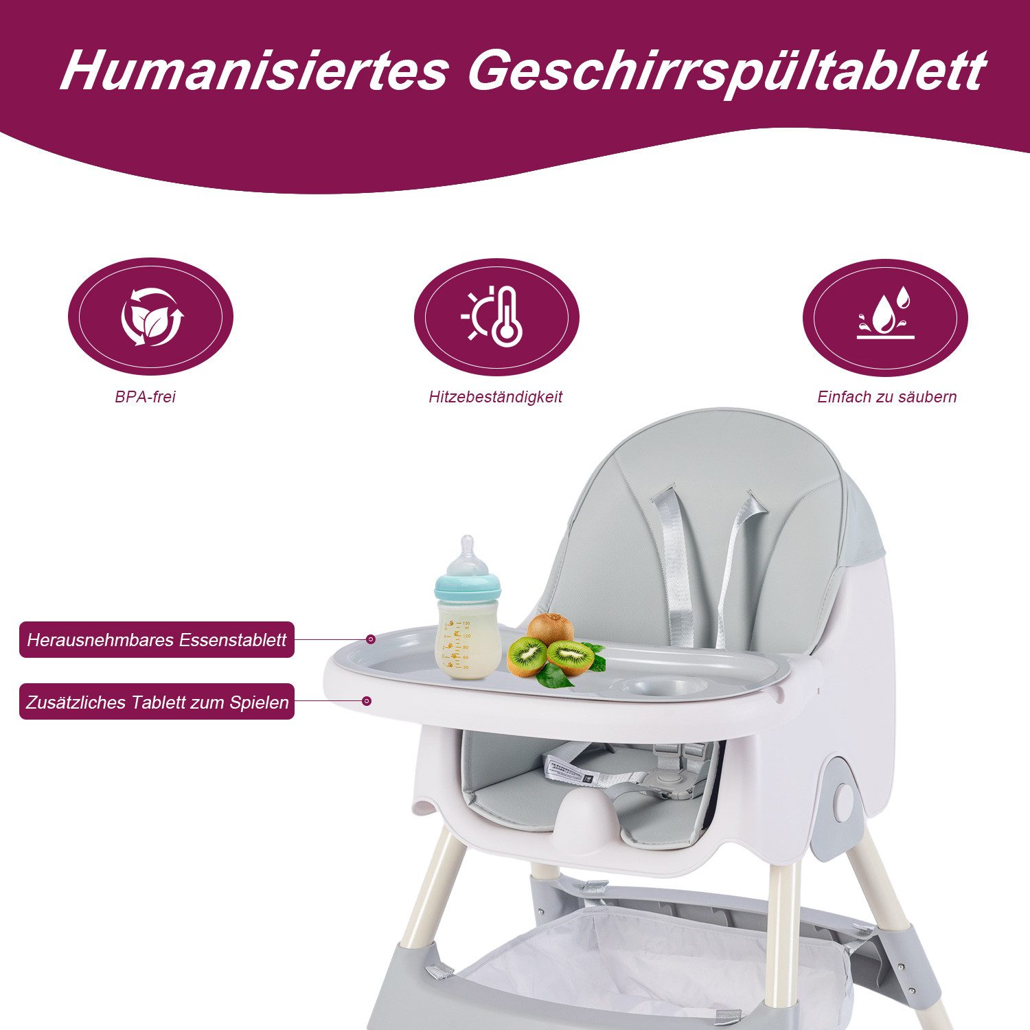 IKIDO Kinderklappstuhl Baby-Klapphochstuhl mit doppeltem Tablett günstig online kaufen