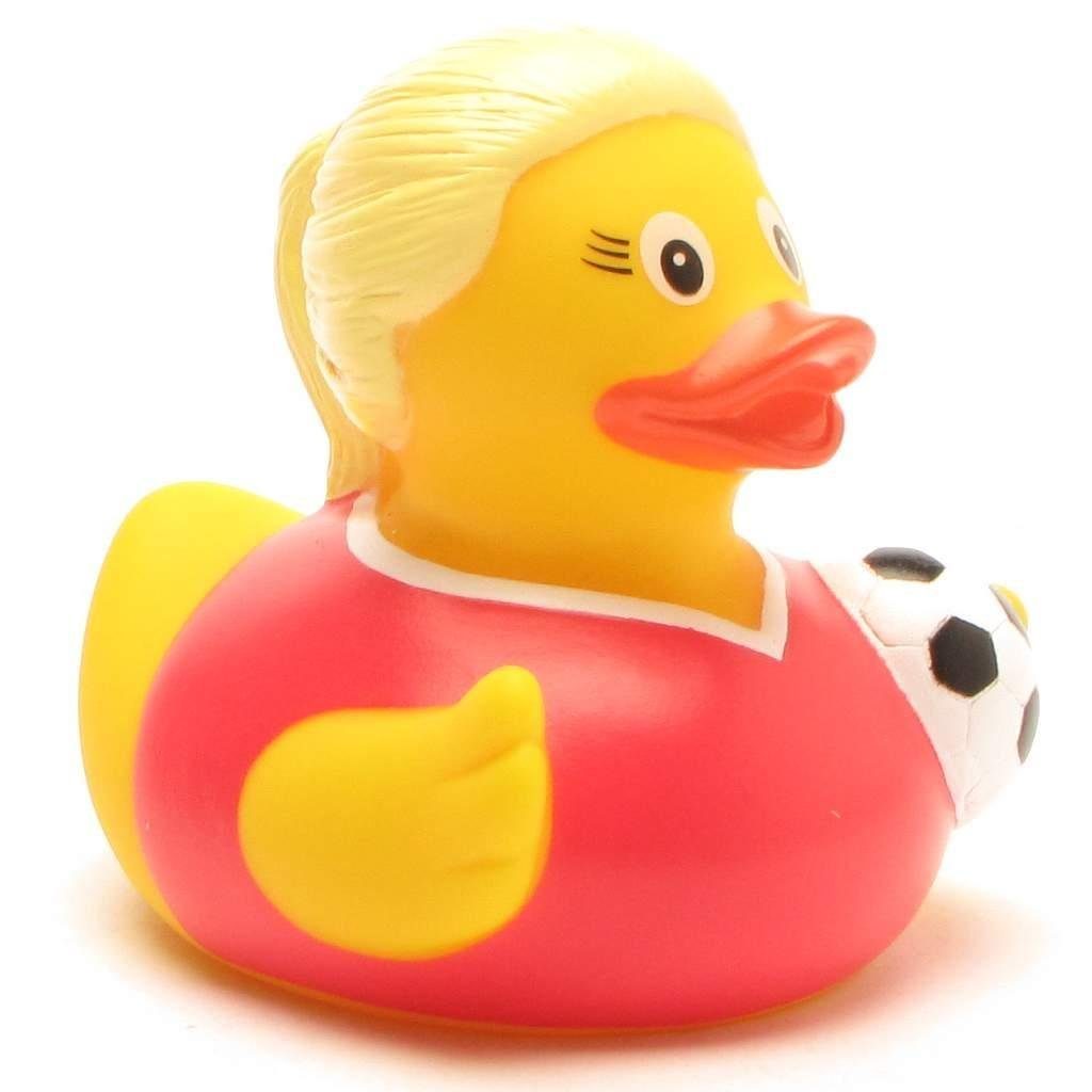 Duckshop Badespielzeug Fußballspielerin Badeente - rot - Quietscheente