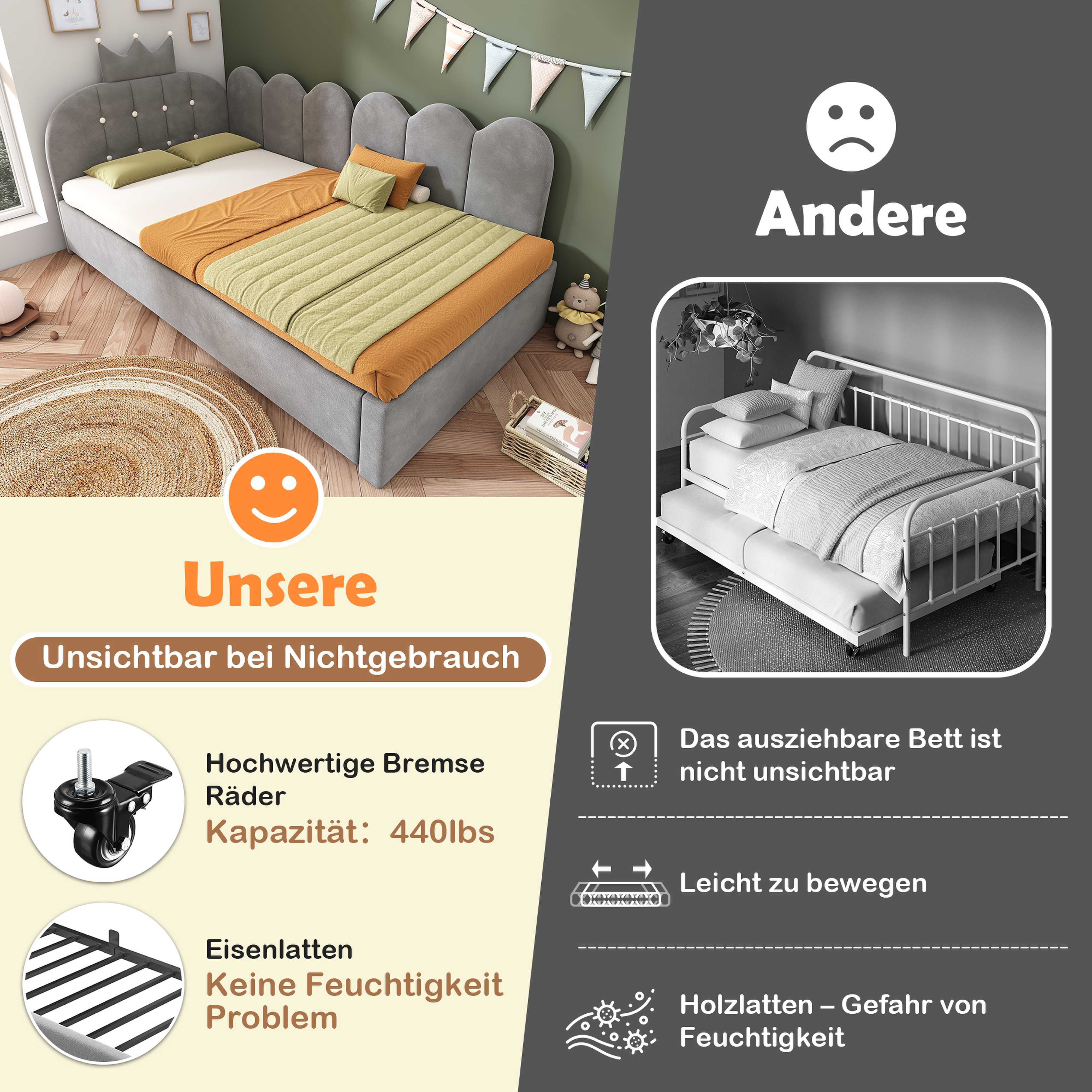 BlingBin Daybett Samt Tagesbett 90x200 cm mit Ausziehbett 90x190 cm (Schlafsofa L-Form umbaubar, Kronen‑Gitter Design, 1 tlg), Kinderbett ohne Matratze, ideal fürs Kinderzimmer, Gästezimmer