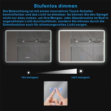 AQUALAVOS Badspiegel Badezimmerspiegel mit LED Beleuchtung Touch Beschlagfrei Wandspiegel, 100x70 cm, mit 6400K Kaltweiß & Warmweiß 3000K Beleuchtung