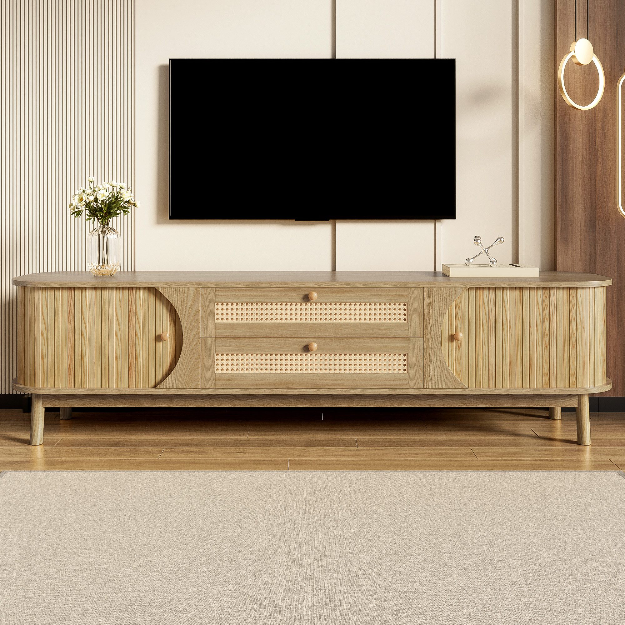 KLAM HOME Lowboard TV-Schrank Mit Natürlichem Rattan Design Und Massivholz (Landhausstil TV Schrank Mit Türen Und Schubladen), 170cm TV Möbel In Holzoptik Für 50-59 Zoll Fernseher