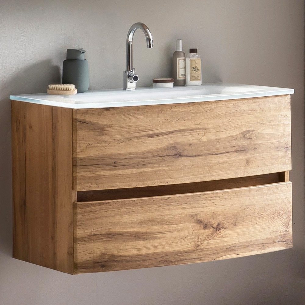 Lomadox Waschtisch LAURIA-03, Wotaneiche Nb. inkl. Glaswaschbecken weiß 80x53x49 cm