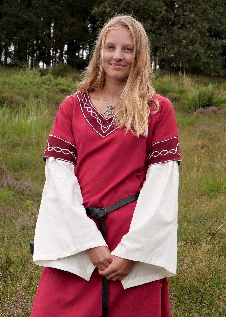 Battle Merchant Ritter-Kostüm Hochmittelalterkleid Alvina mit Trompetenärmeln Rot/Natur Größe XXL