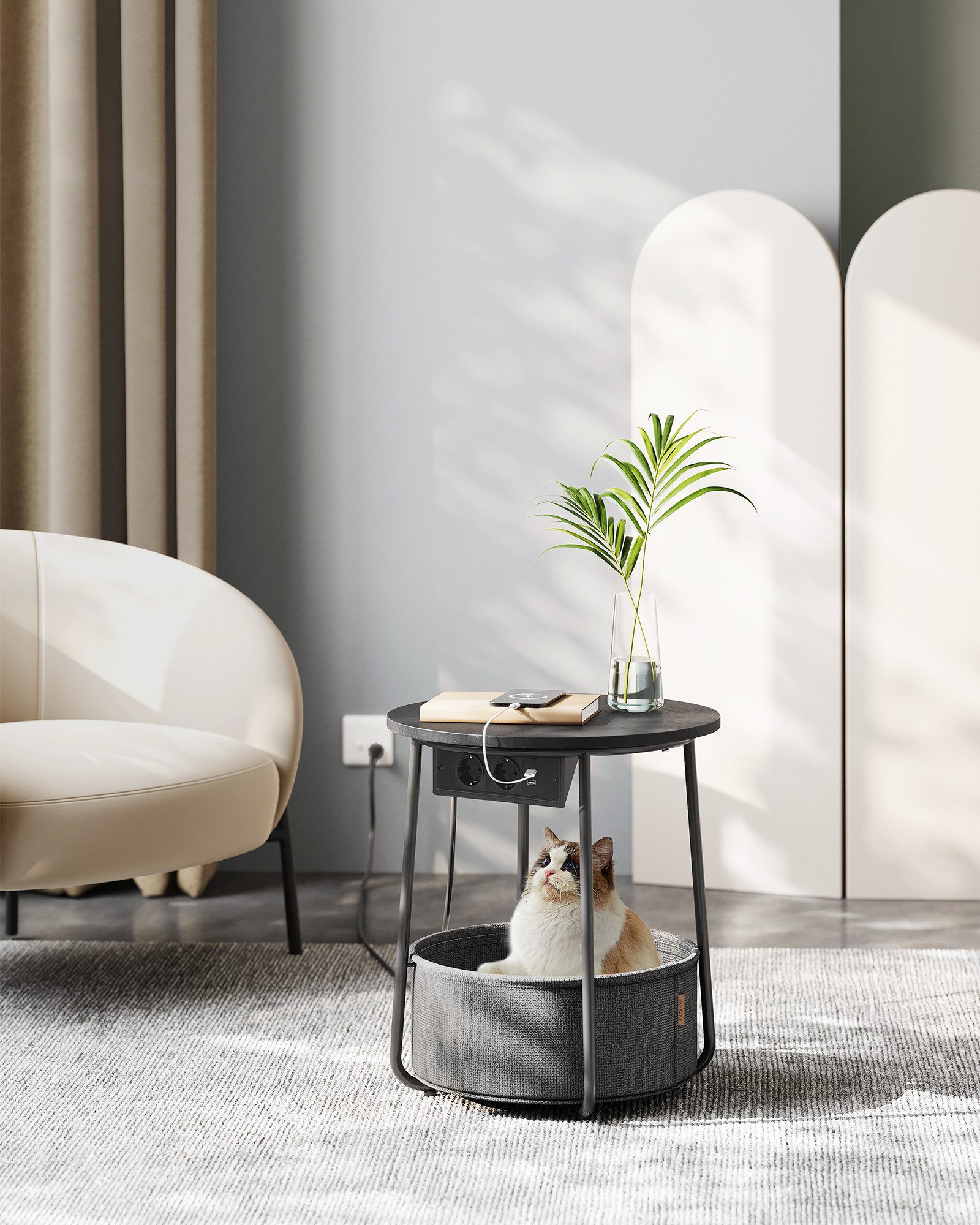 VASAGLE Beistelltisch, rund, mit Steckdose, USB-Anschlüsse, mit Korb aus St günstig online kaufen